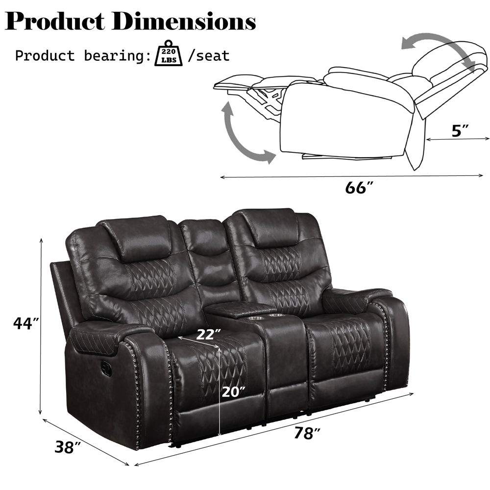 Braylon - Motion Loveseat With Console - Magnetite Synthetic Leather, black, view 5