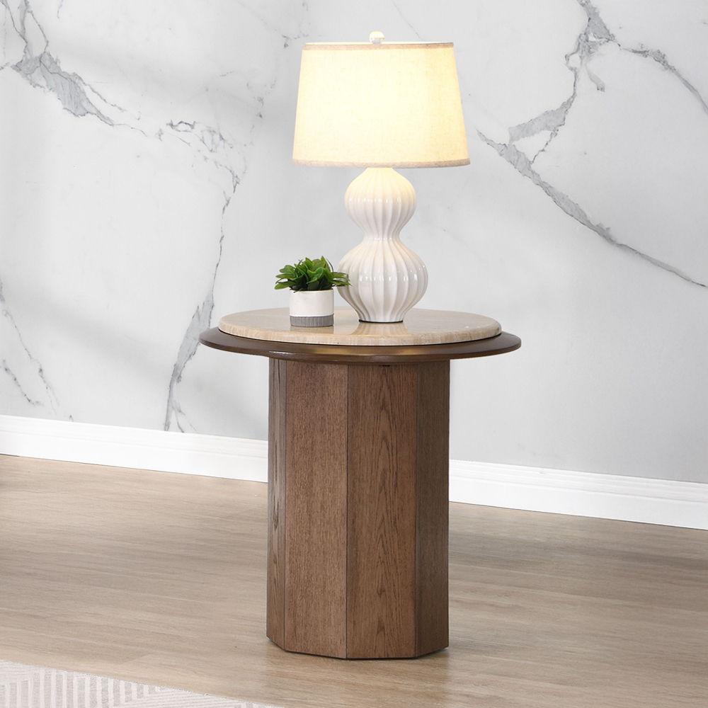 Kasha - End Table - Travertine Top & Walnut, dark brown