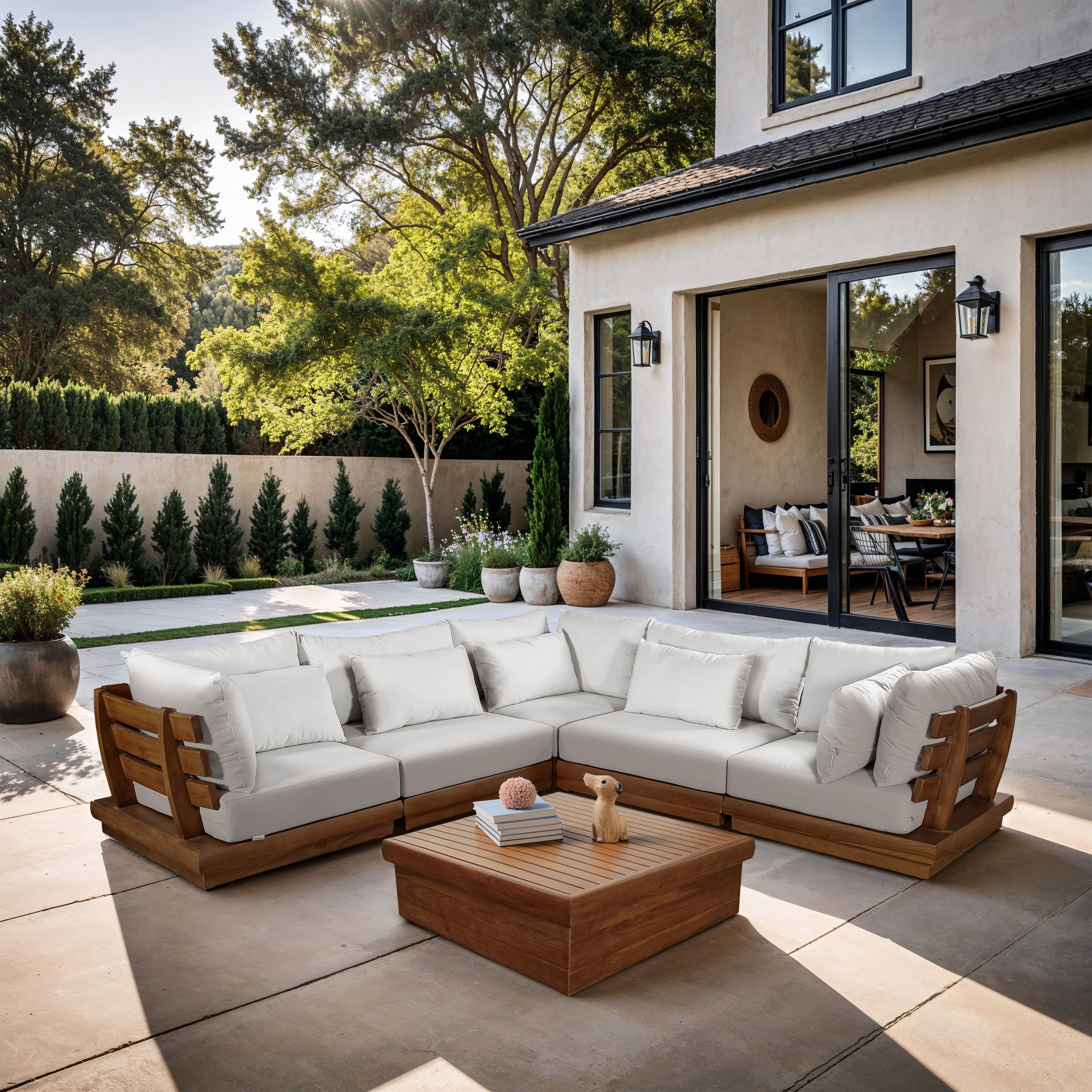 Mirella - 5 Piece Water Resistant Fabric 113" Upholstered Outdoor Patio Modular Sectional - Off-White