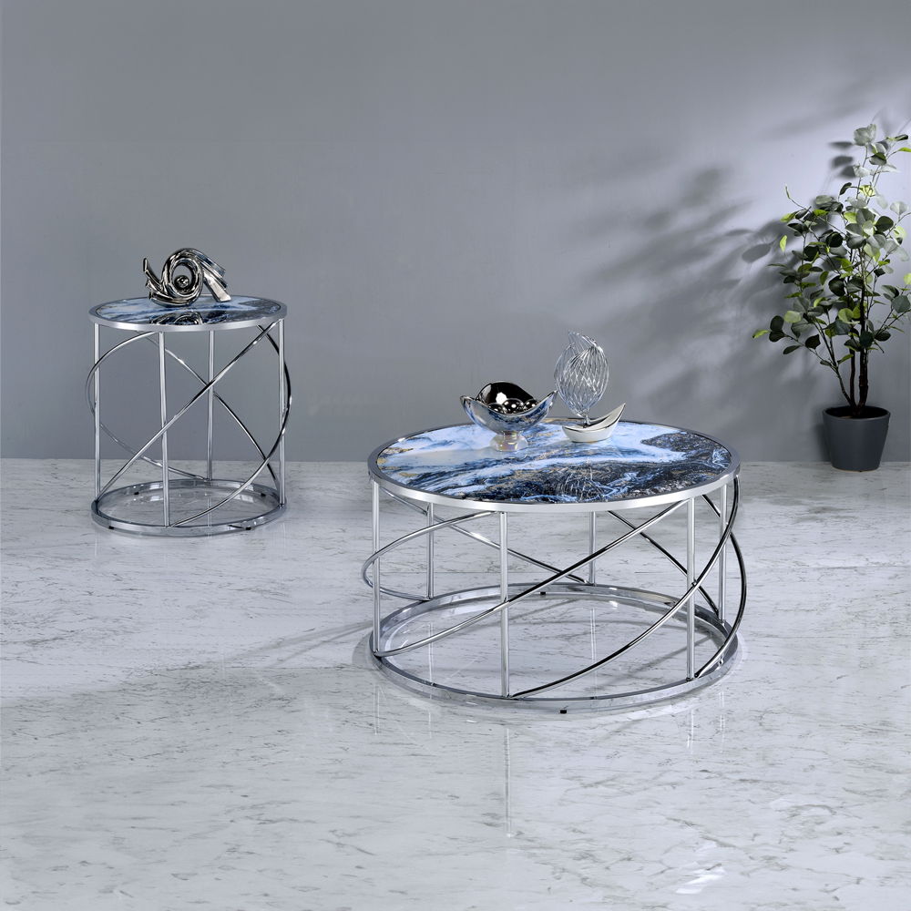 Lyda - End Table - Blue Marble Print & Chrome, blue, view 4