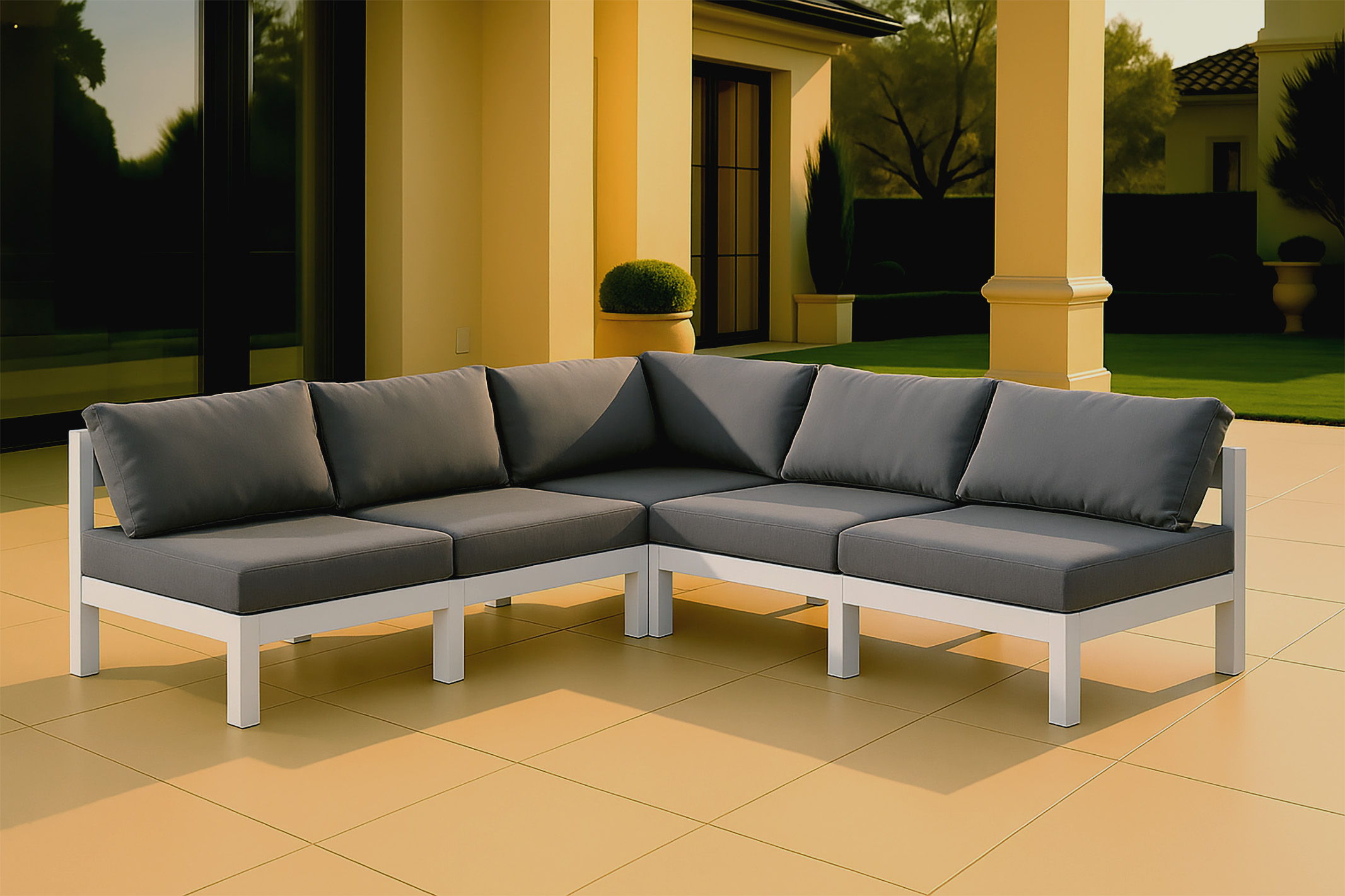 Nizuc - Outdoor Patio 5 Piece Modular Corner Armless Sectional With White Frame - Gray
