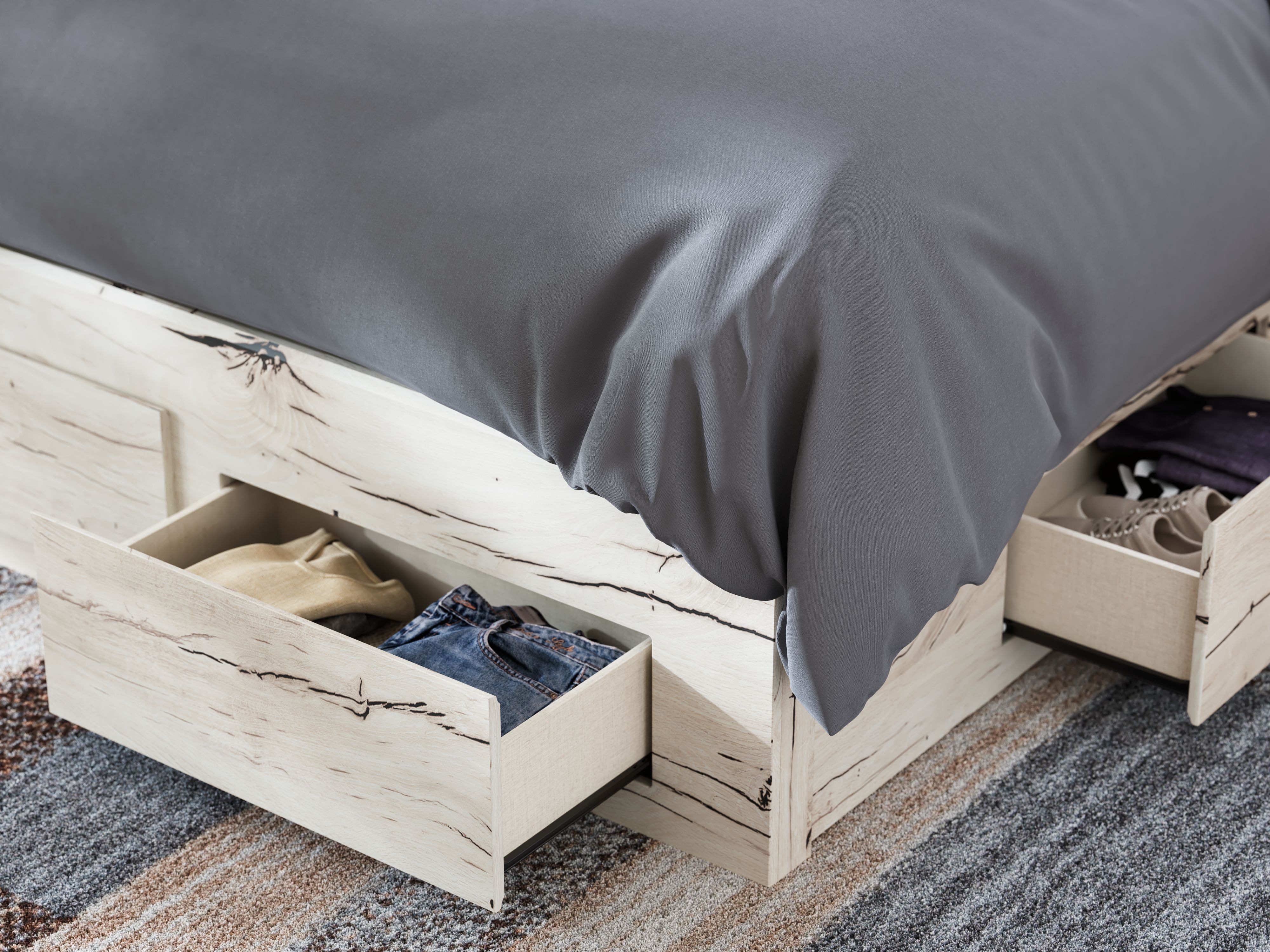 Ashley Furniture Lawroy - Queen Panel Bed With Storage Footboard And 2 Under Bed Storage Units - Light Natural - Image 13