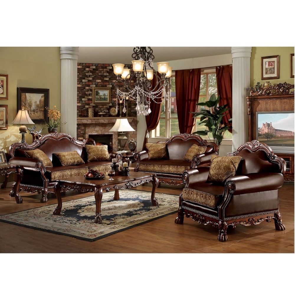 Dresden - Loveseat With 2 Pillows - Brown Synthetic Leather & Chenille, Cherry Oak, dark brown, view 3