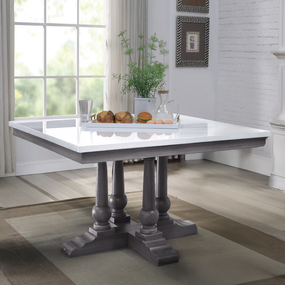 Yabeina - Square Dining Table - Marble Top Top & Gray Oak, white