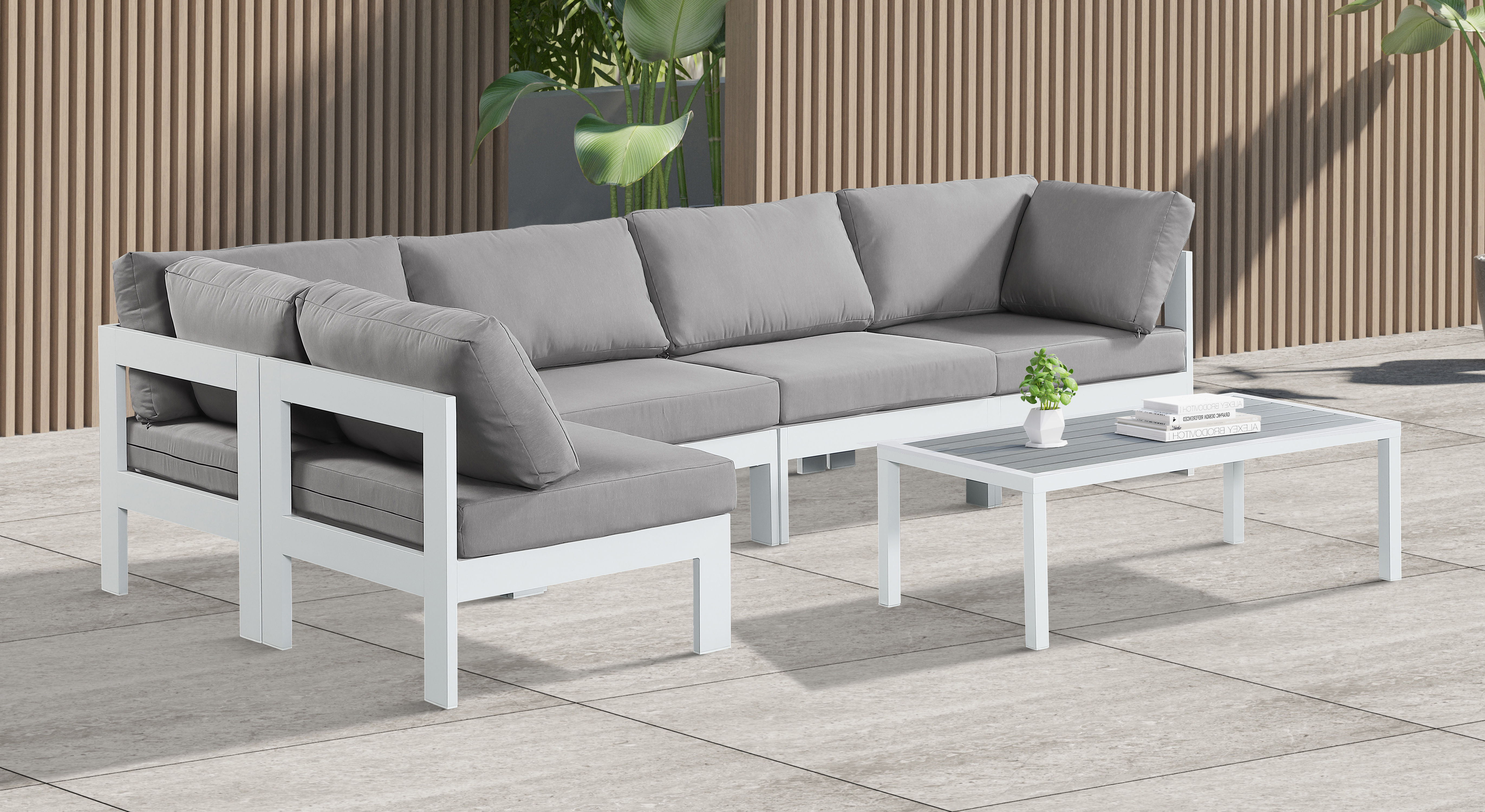 Nizuc - Outdoor Patio 5 Piece Modular Sectional With White Frame - Gray