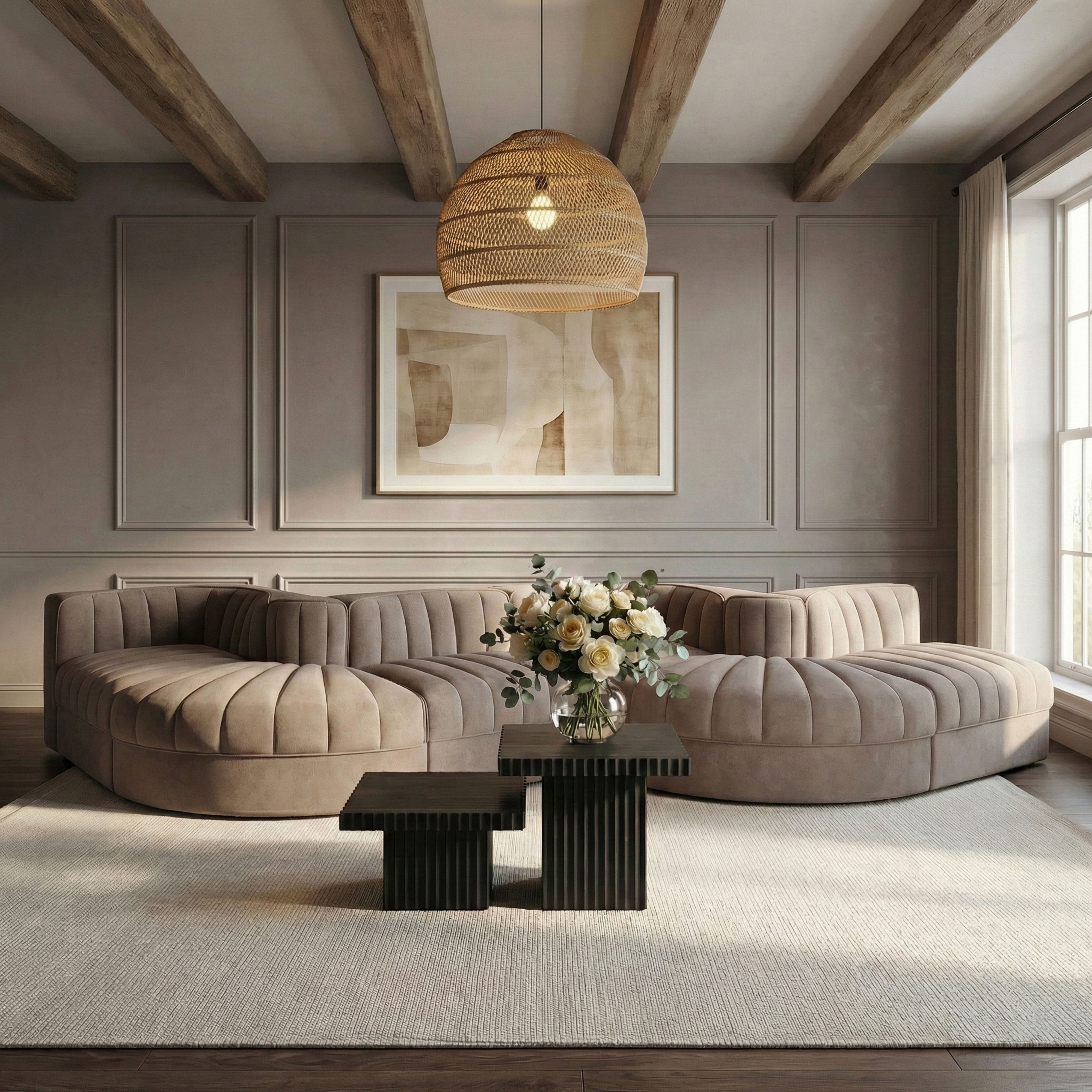 Rummi - Rounded Velvet Performance Fabric Upholstered 6 Piece Modular Sectional - Taupe