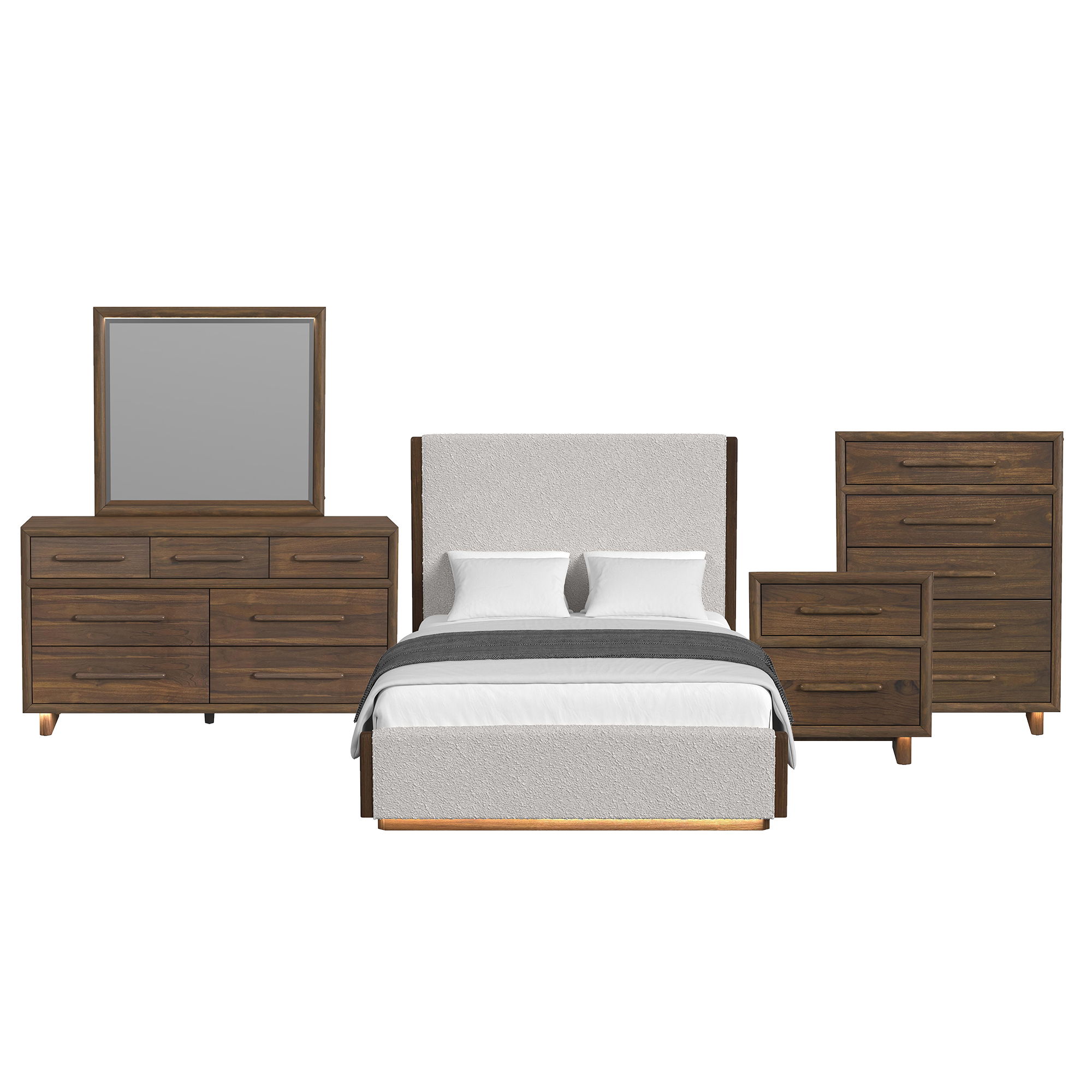 Queen · 5 Pc · Bedroom Set With Boucle And LED