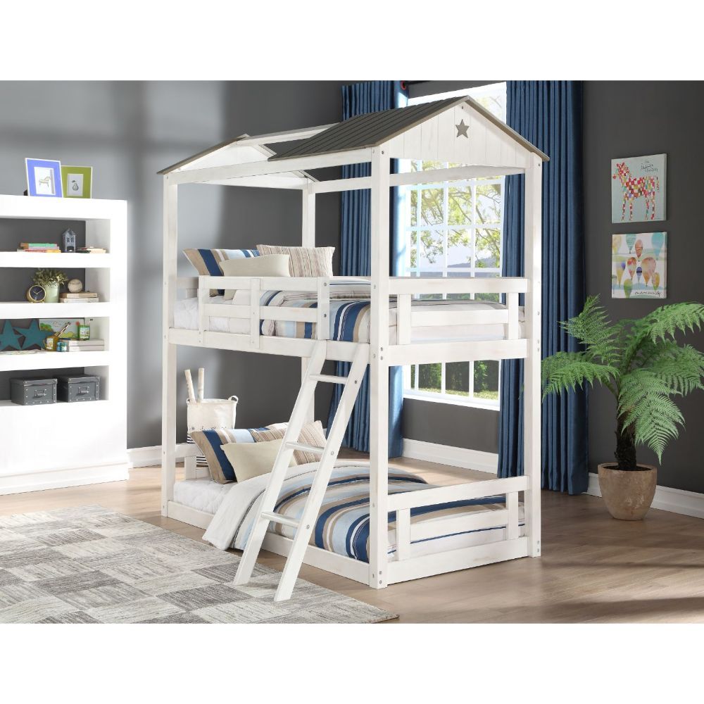 Nadine Cottage - Twin Over Twin Bunk Bed - Weathered White & Washed Gray, white