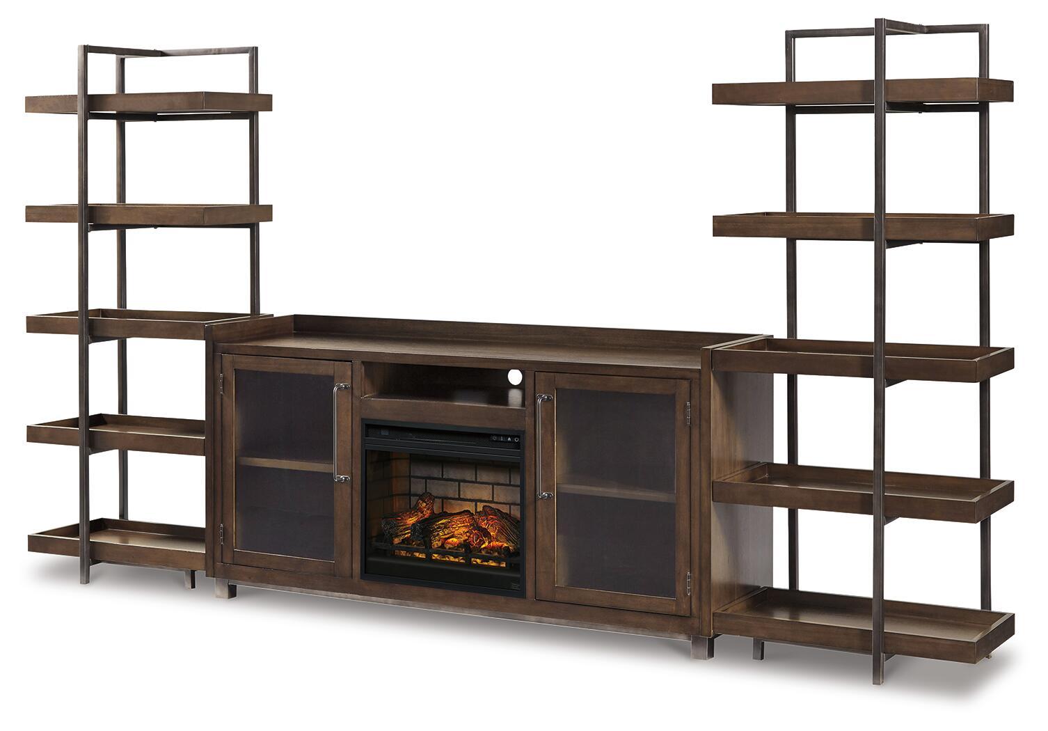 Starmore – 4 Pc. – Entertainment Center – 70″ TV Stand With Faux Firebrick Fireplace Insert – Brown / Gunmetal