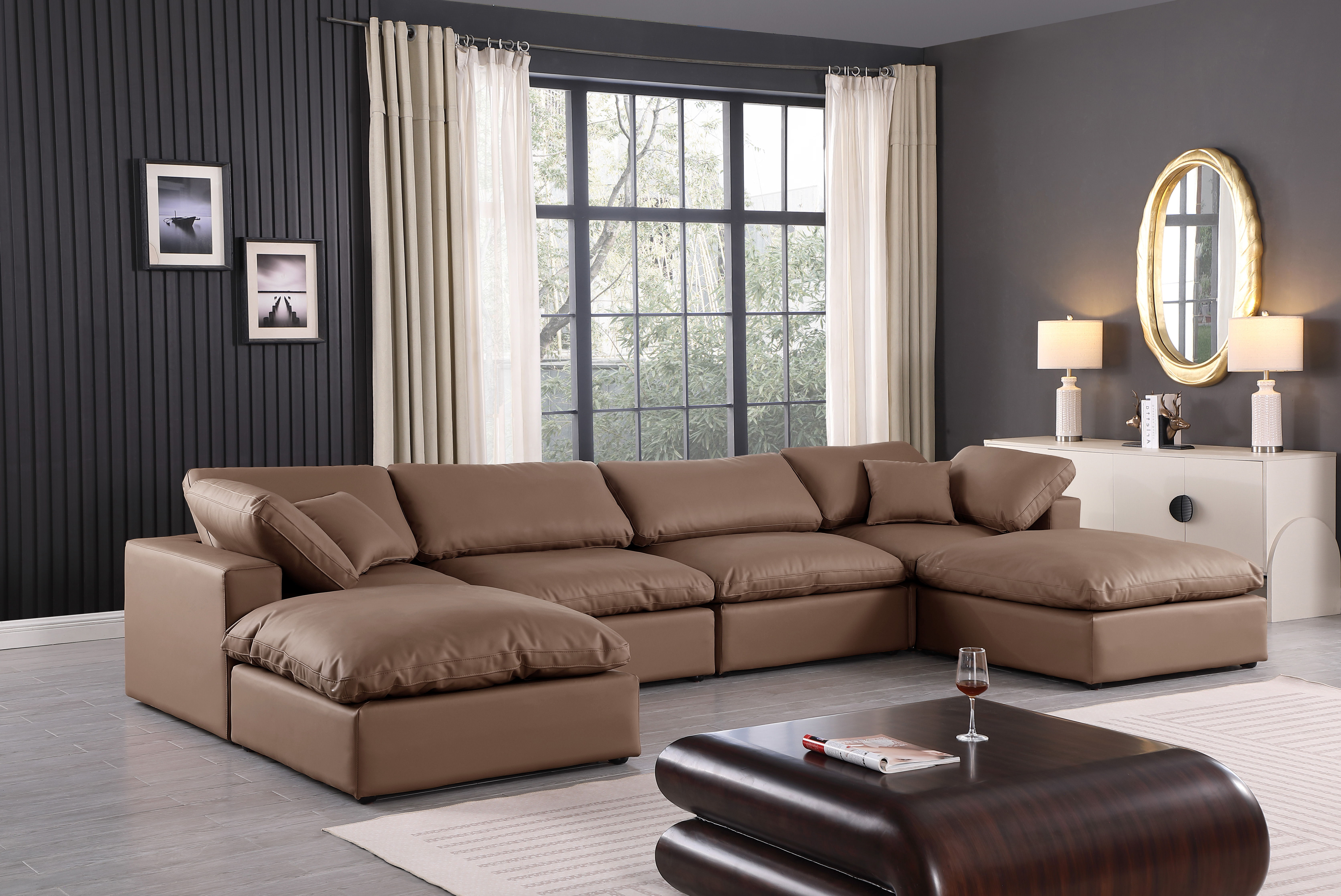Comfy - 6 Piece Faux Leather Modular Double Chaise Sectional - Brown
