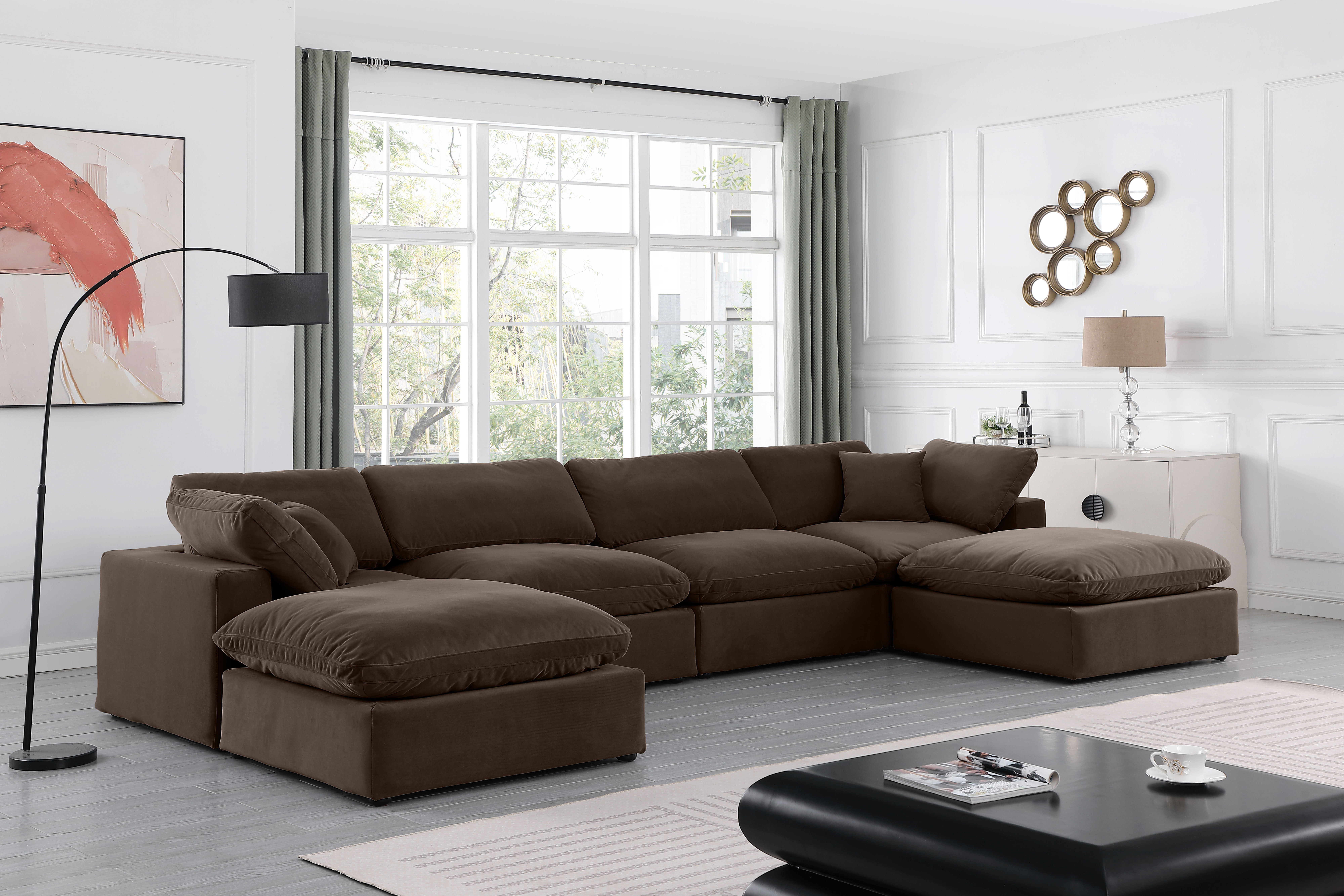 Comfy - 6 Piece Velvet Modular Double Chaise Sectional - Dark Brown