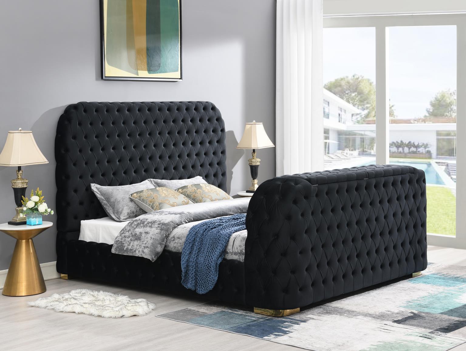 B540 - Velvet King Bed With Fireplace, TV Mount & Bluetooth Speaker & USB - Black