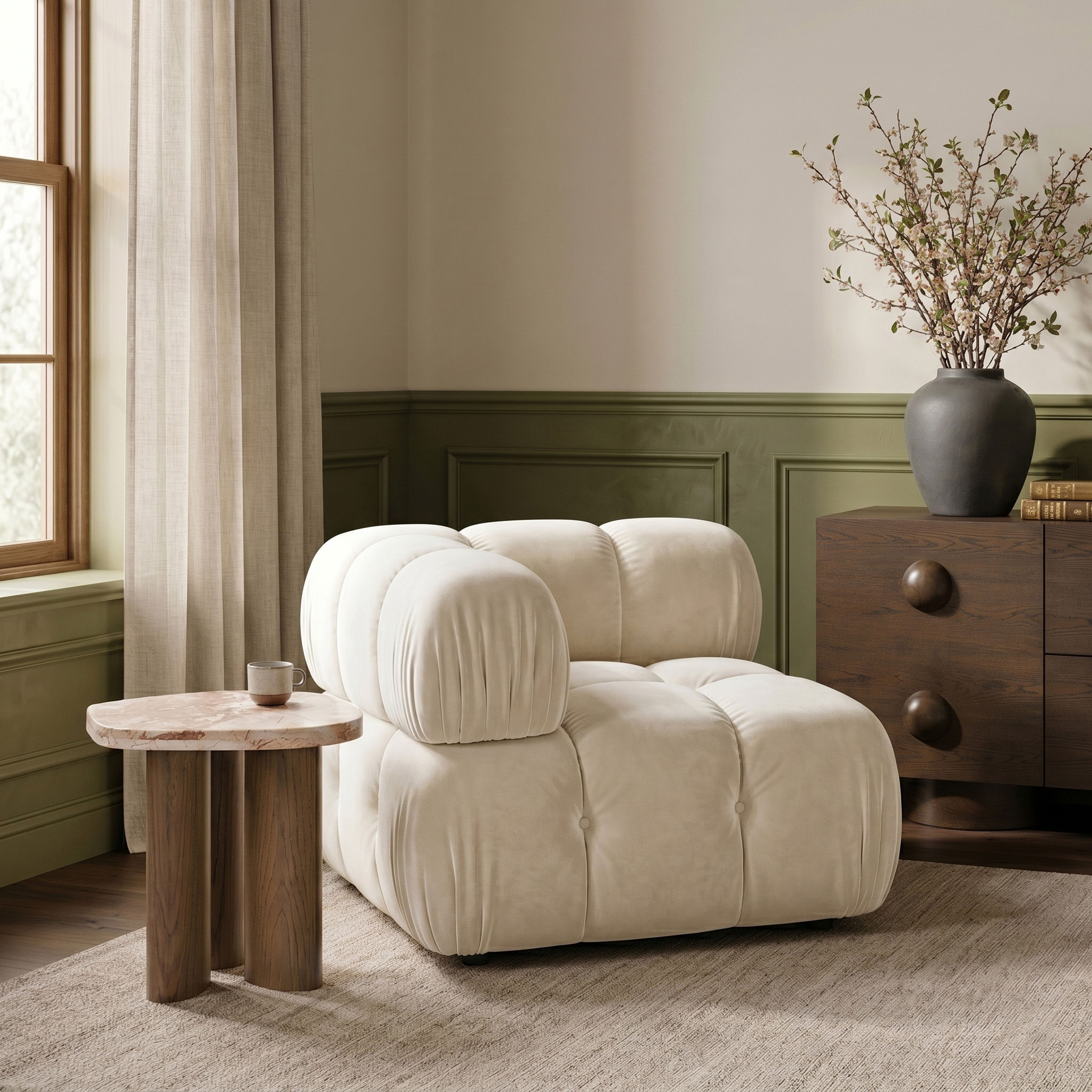 Orin - Velvet Performance Fabric Upholstered Modular Corner Chair - Cream