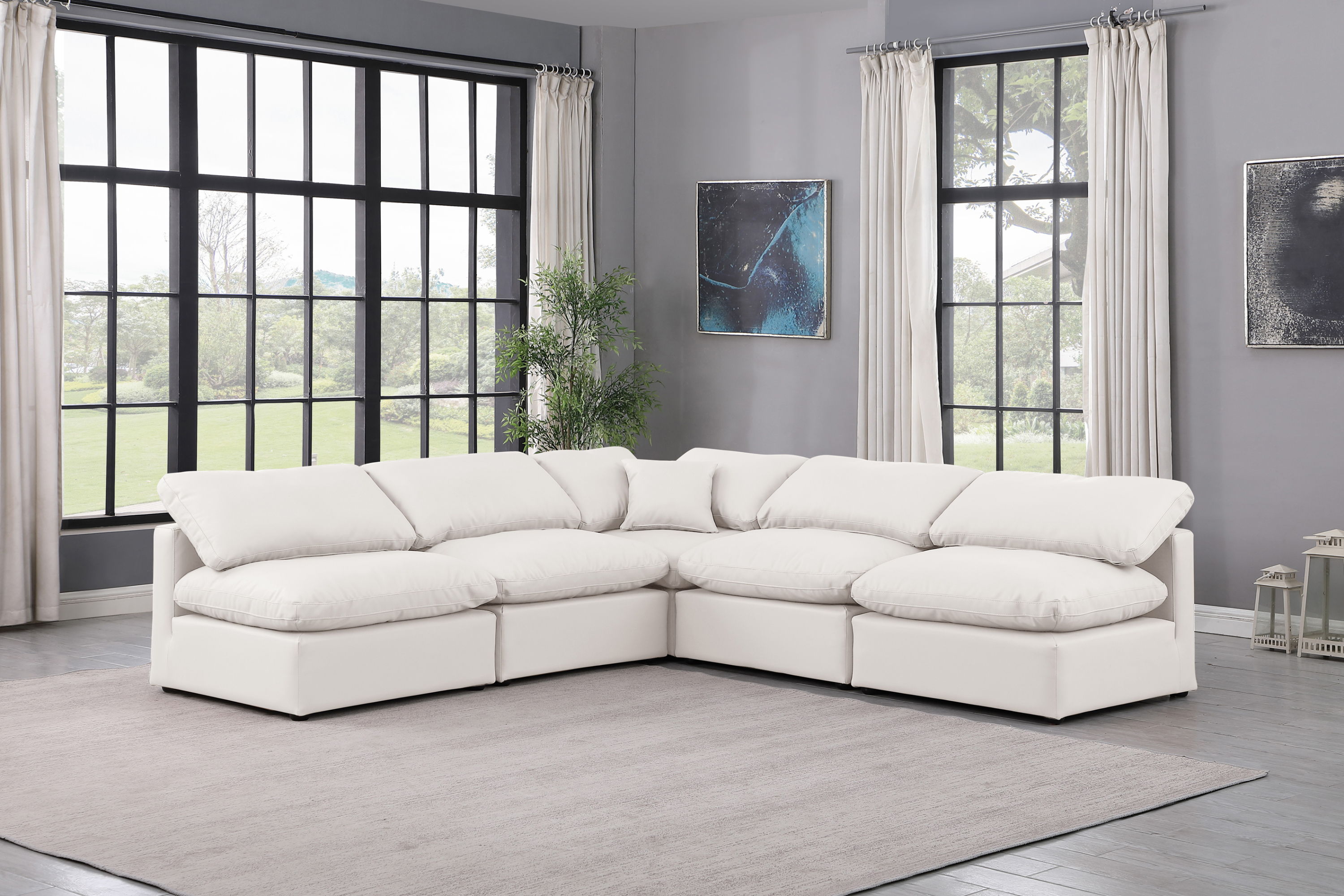 Indulge - Faux Leather 5 Piece Modular Corner Armless Sectional - Cream