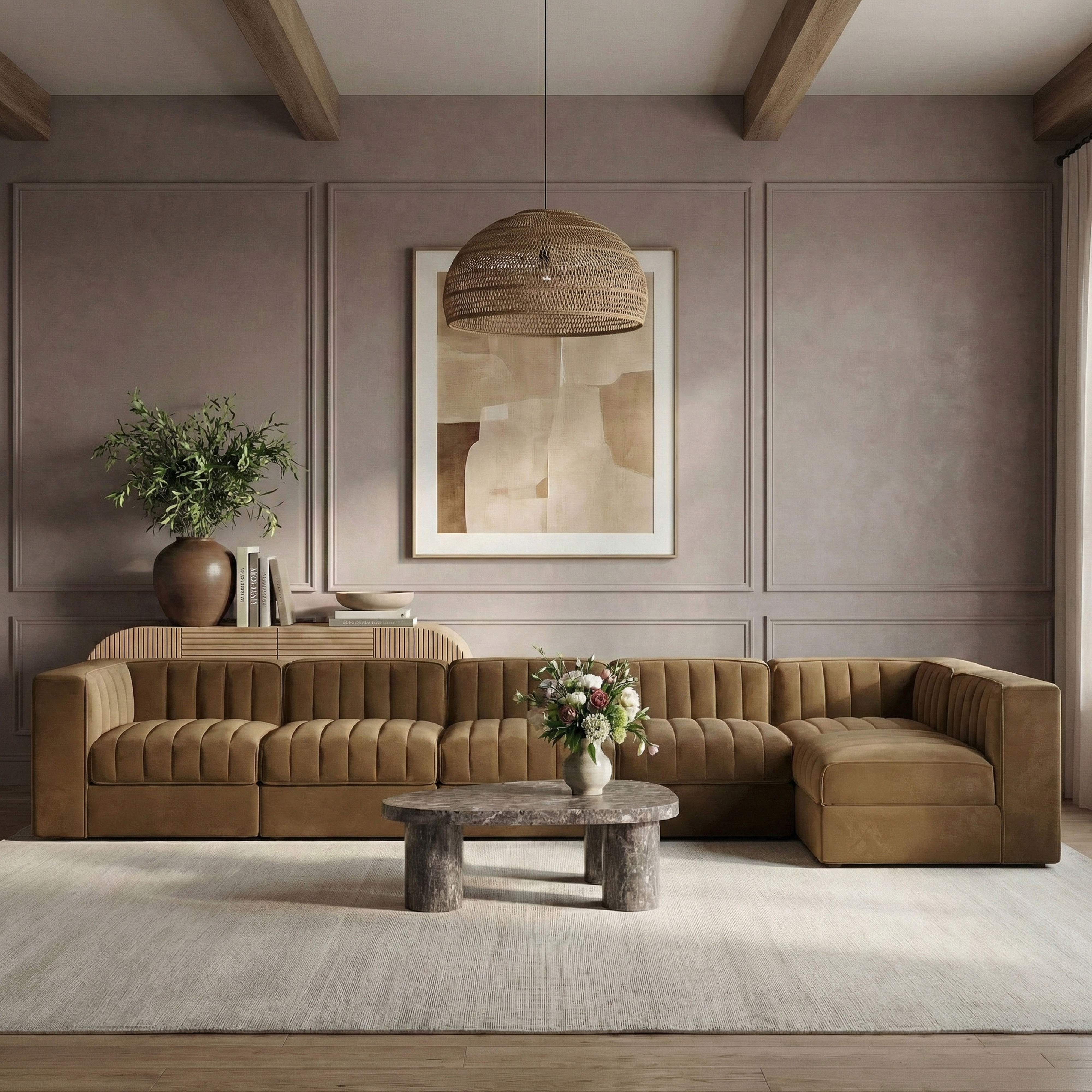 Rummi - Velvet Performance Fabric Upholstered 6 Piece Modular Sectional, L-Shaped (Right) - Saddle
