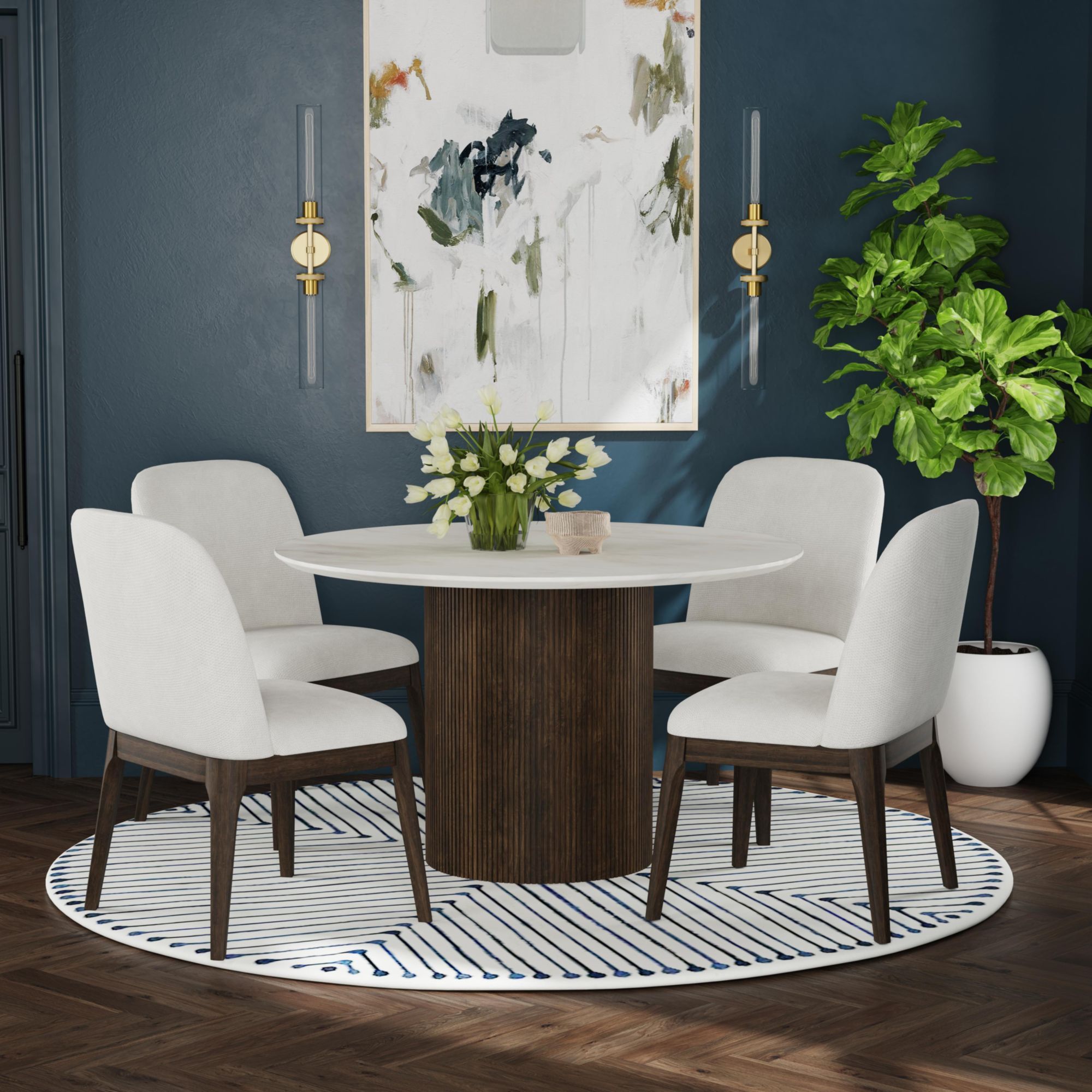 Sylvie - Round Dining Table (Top With Faux Marble And Base) - Dark Brown / White