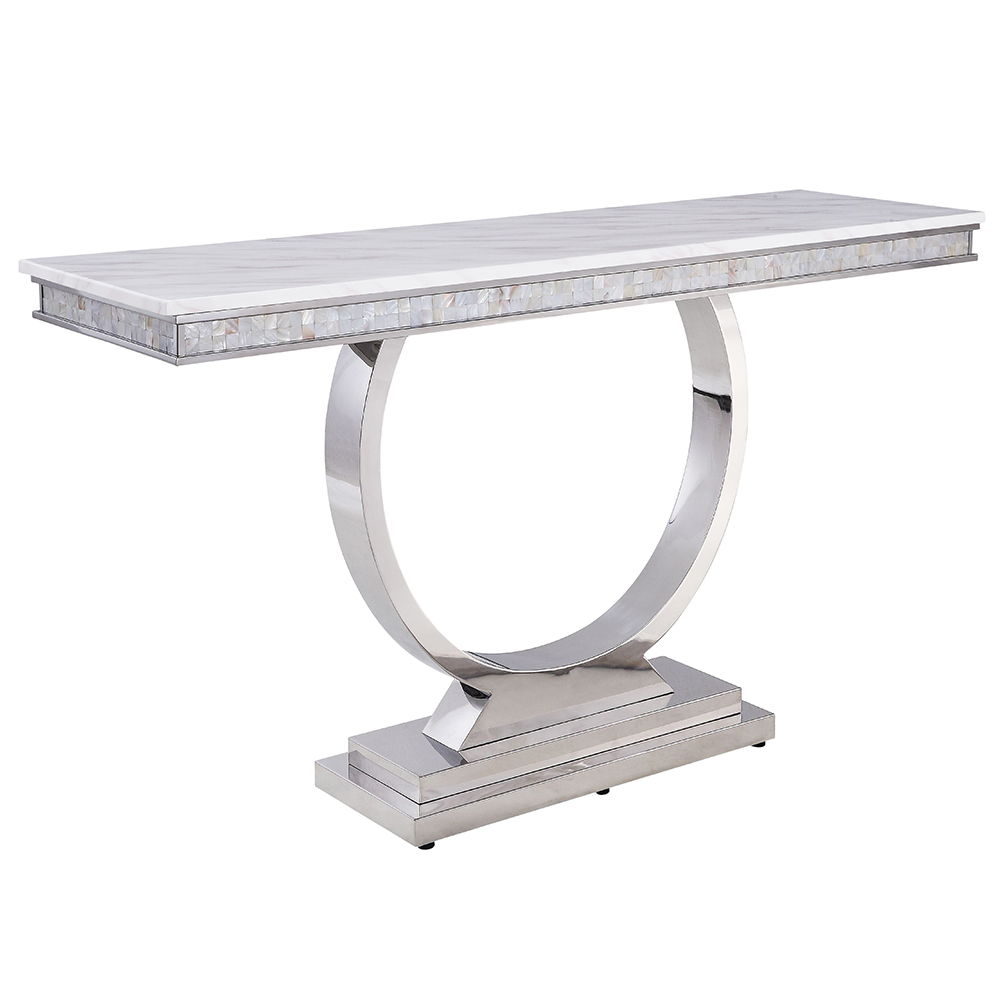 Zander - Sofa Table - White Printed Faux Marble Top & Mirrored Silver, white, view 2