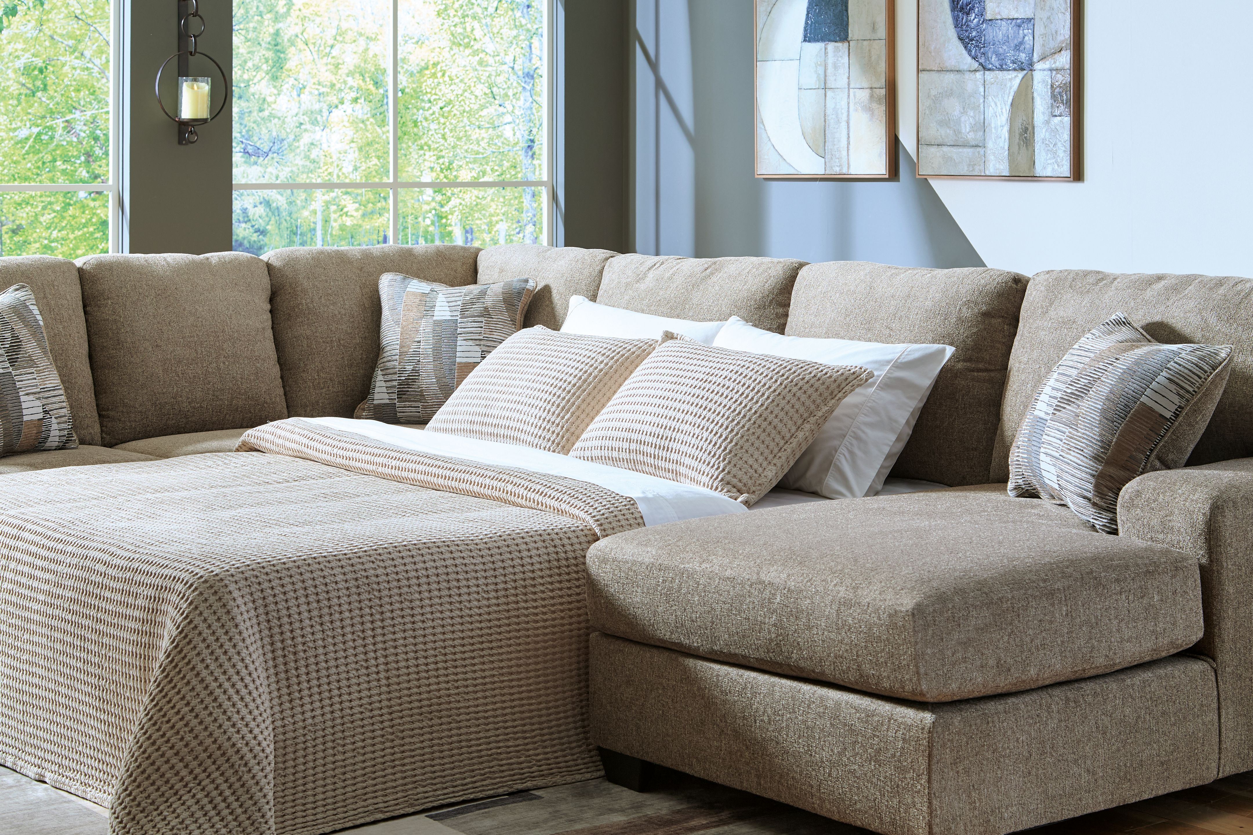 Ashley Furniture Newellen - 3-Piece Sleeper Sectional With RAF Corner Chaise And LAF Sofa - Beige - Image 4