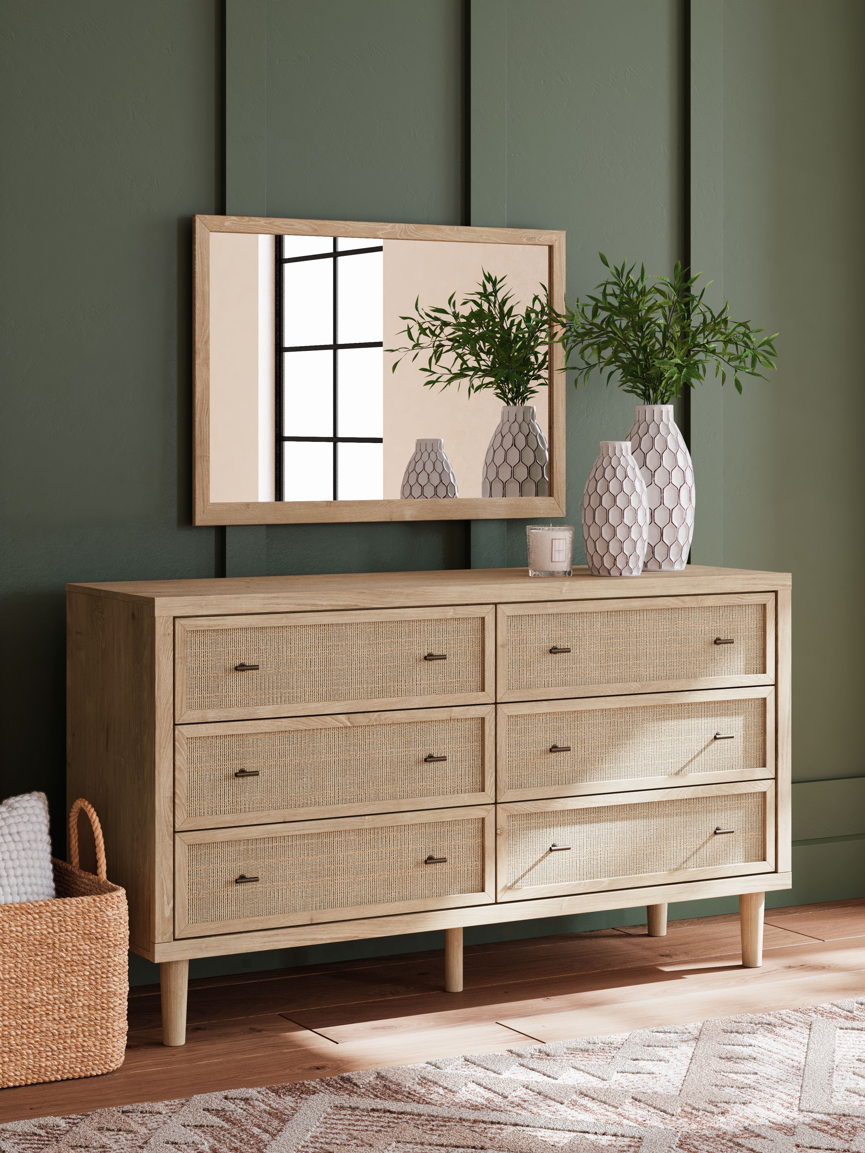 Cielden - 4 Pc. - Dresser, Mirror, Chest, King Upholstered Bed With Roll Slats - Soft Gray / Beige