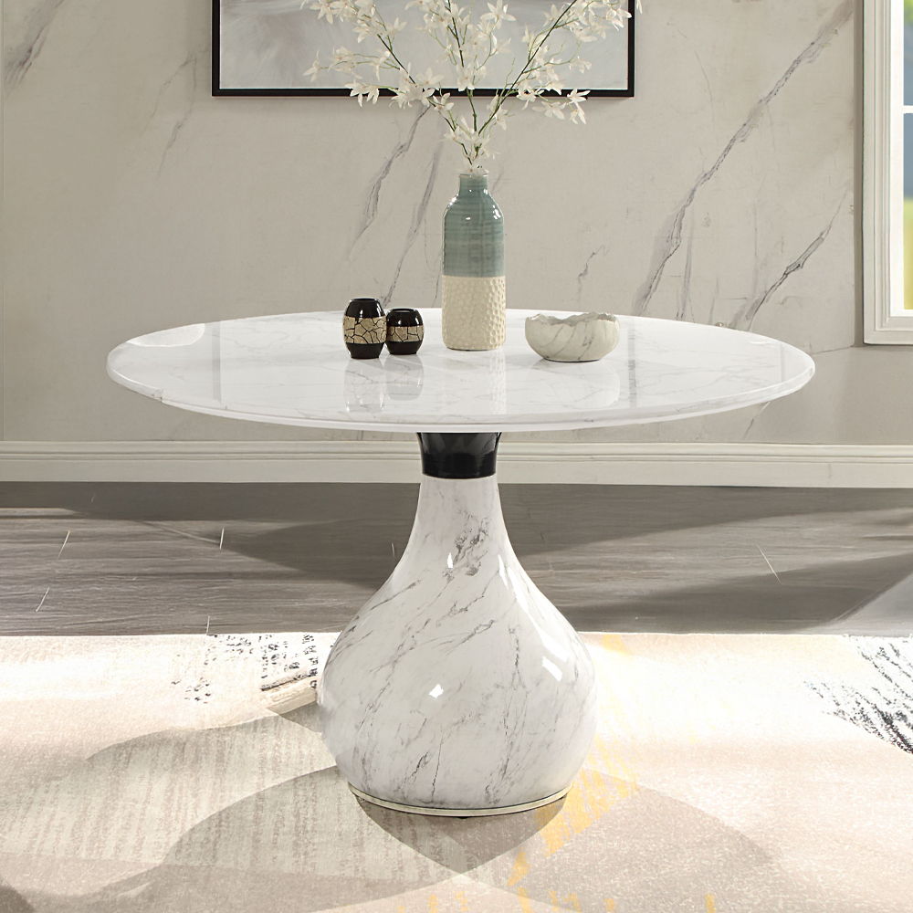 Koen - Round Dining Table, Engineering Marble Top - White & Black, white