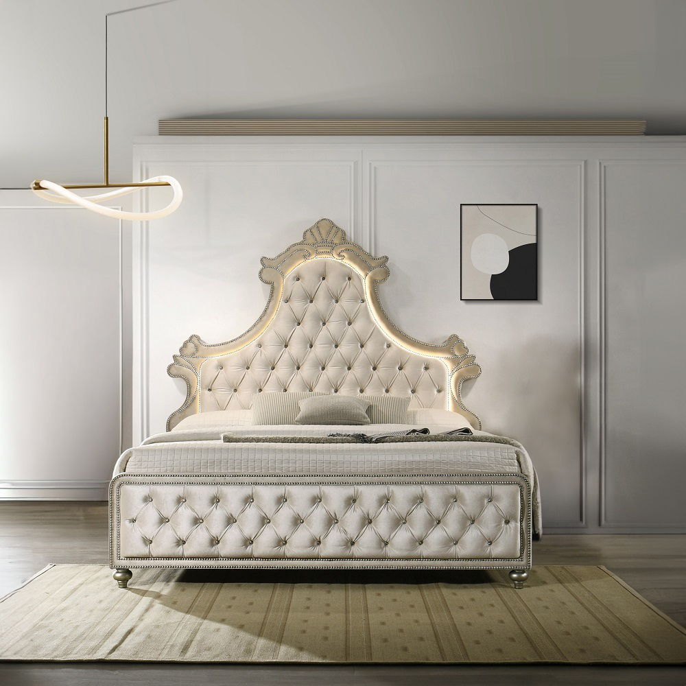 Lucienne - Queen Bed With LED - Beige Velvet, beige