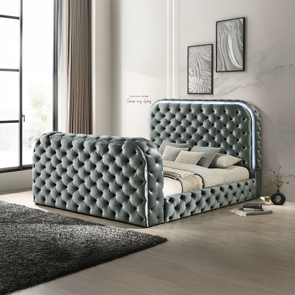 Kana - Queen Bed With LED, Fireplace & TV Stand - Gray Upholstery Velvet, gray