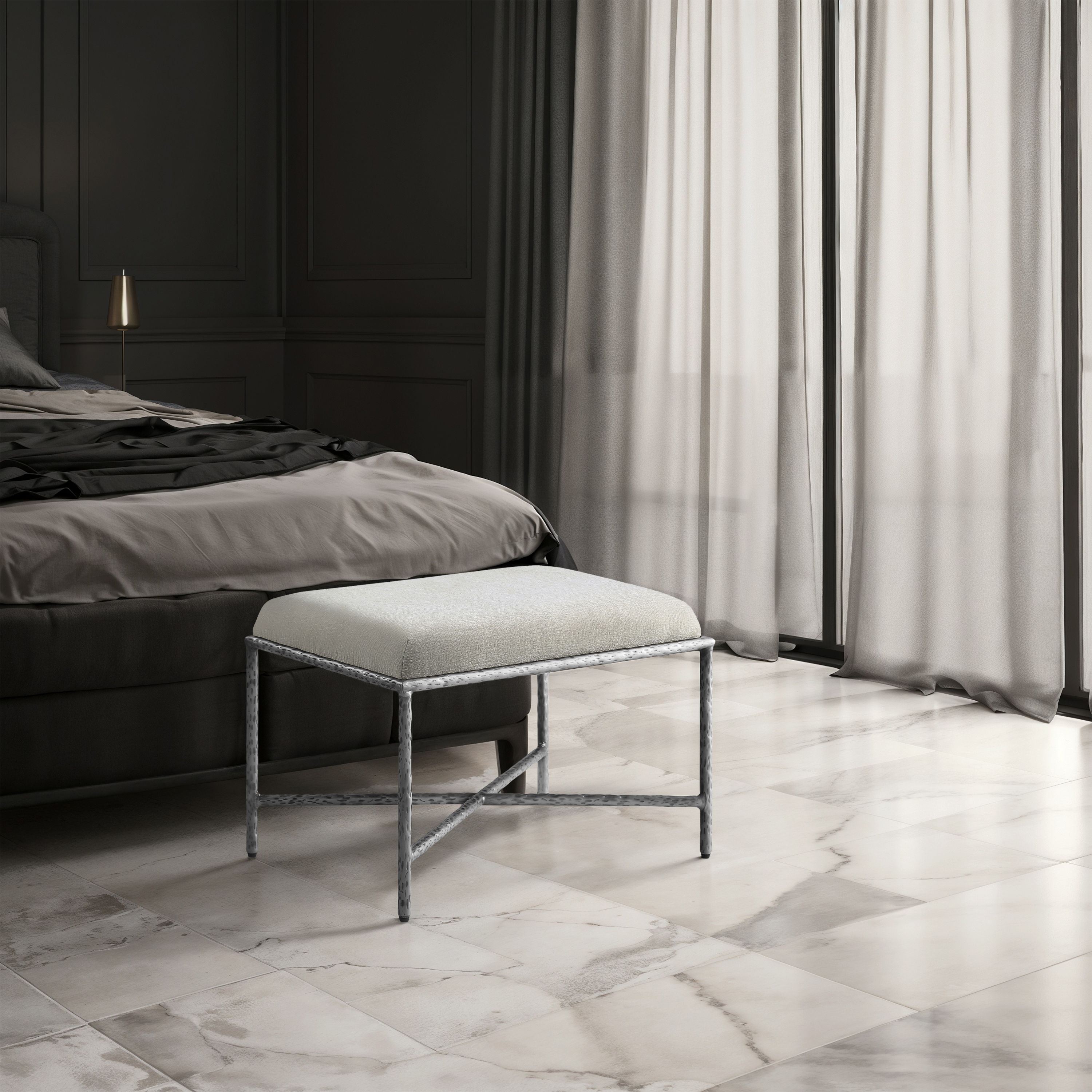 Valley - 25" Bench With Silver Frame - Cream