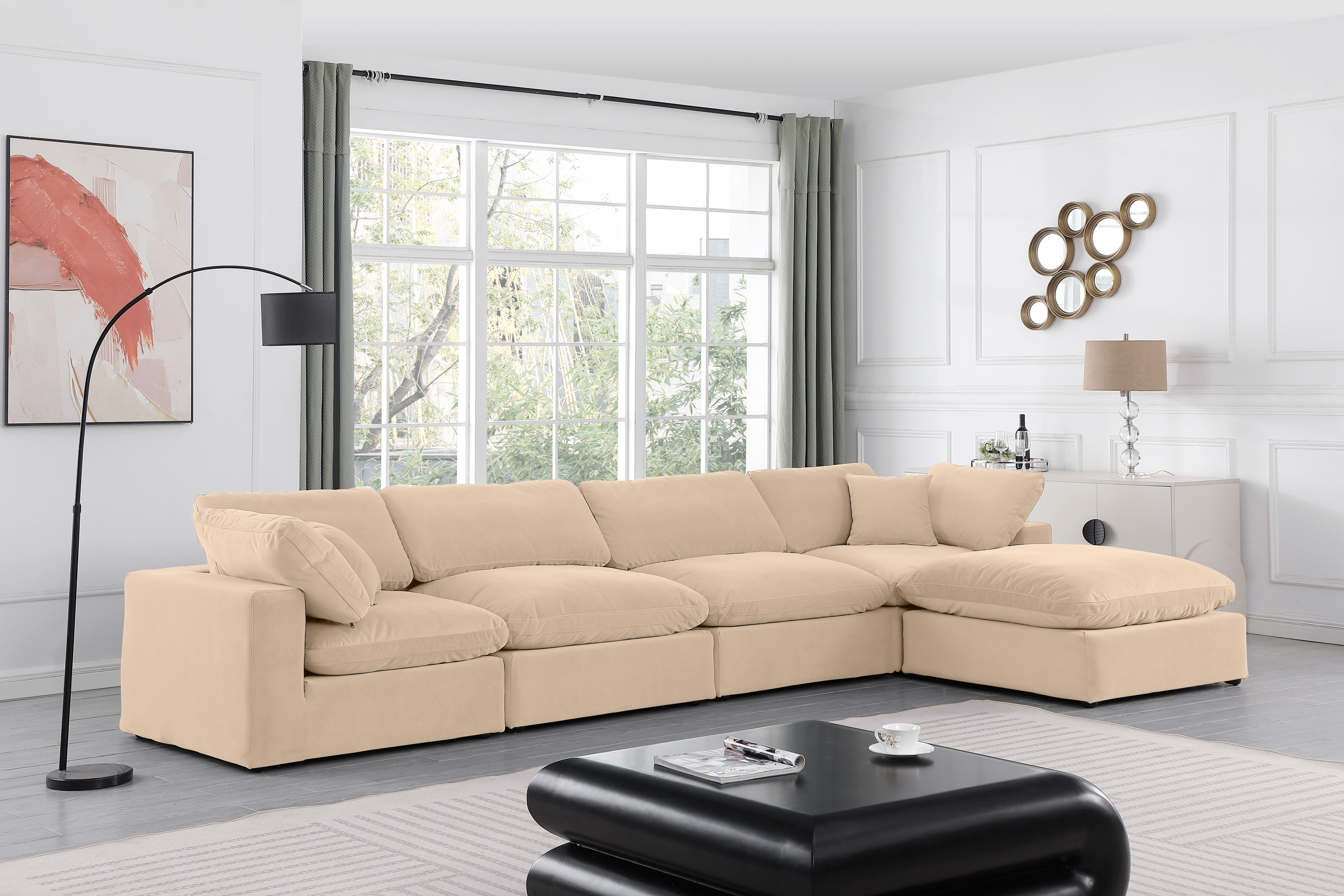 Comfy - 5 Piece Velvet Modular Sectional With Chaise - Light Beige