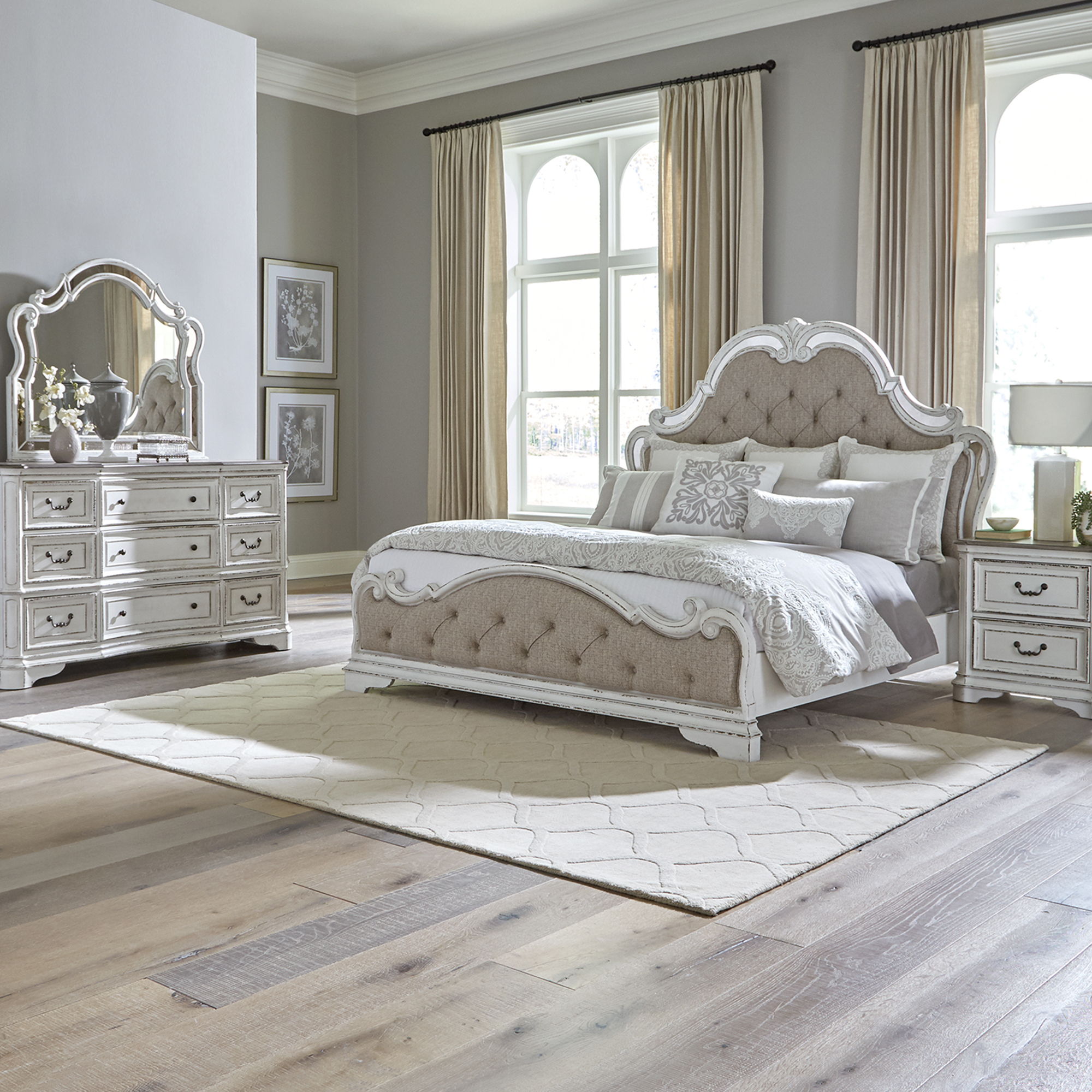 liberty magnolia manor opt queen uph bed, dresser & mirror, chest