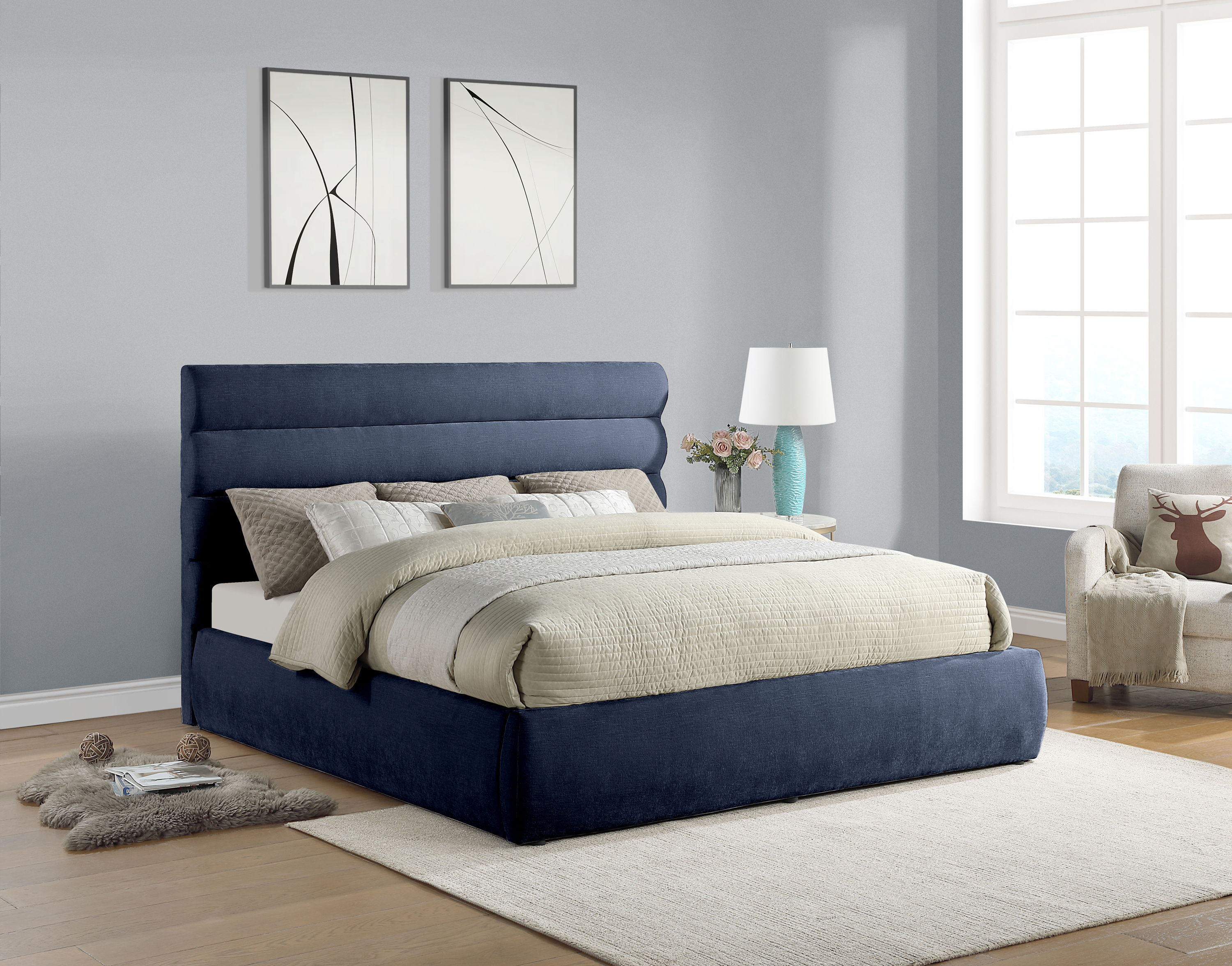 Adam - Chenille Fabric King Bed With 52" Headboard - Navy