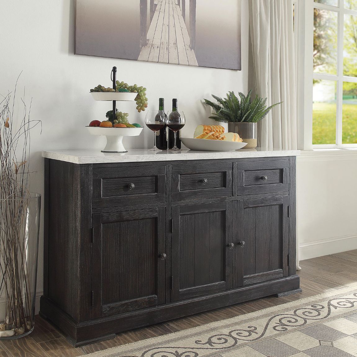 Nolan - Server - White Marble Top & Salvage Dark Oak, dark brown