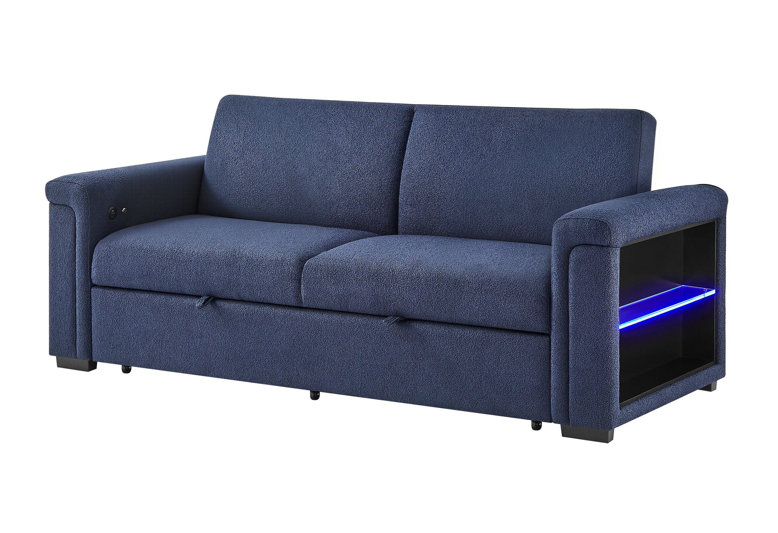 U0211 - Wooden Bookcase Sofa Bed Arms With Acrylic Shelf, LED, And Speakers - Navy