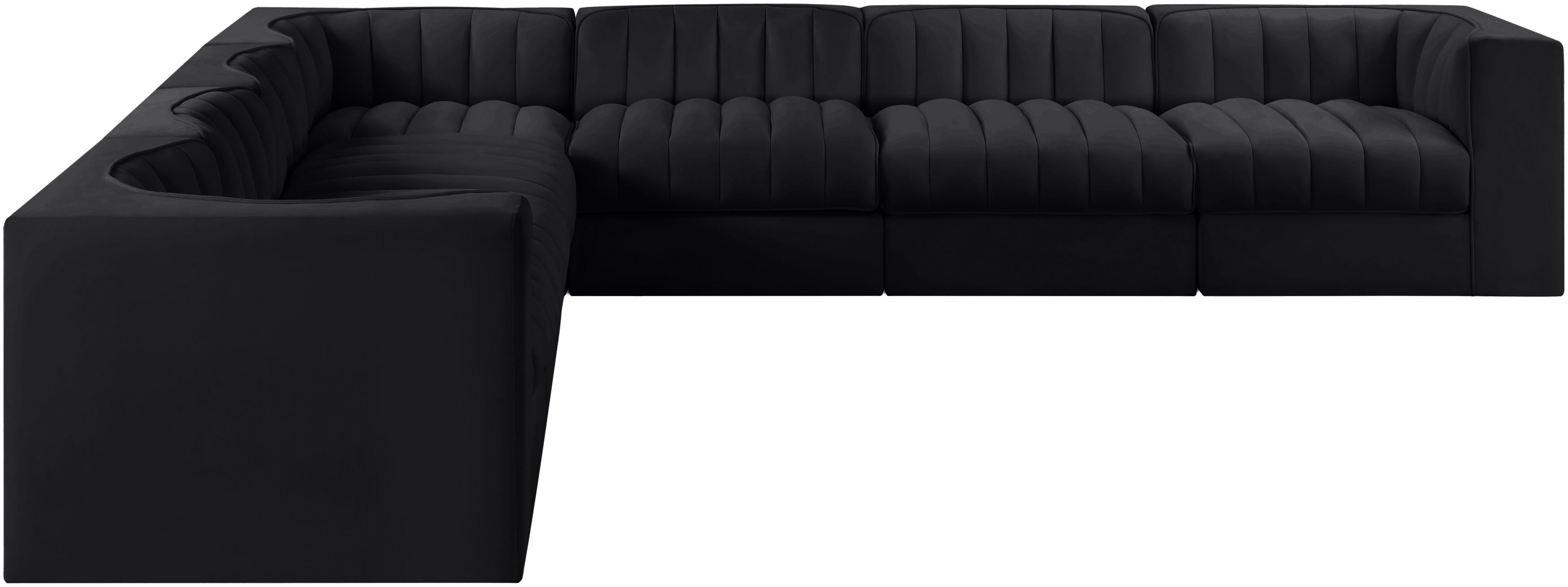 Rummi - Symmetrical Velvet Performance Fabric Upholstered 7 Piece Modular Sectional (With 3 Corner Chairs) - Black