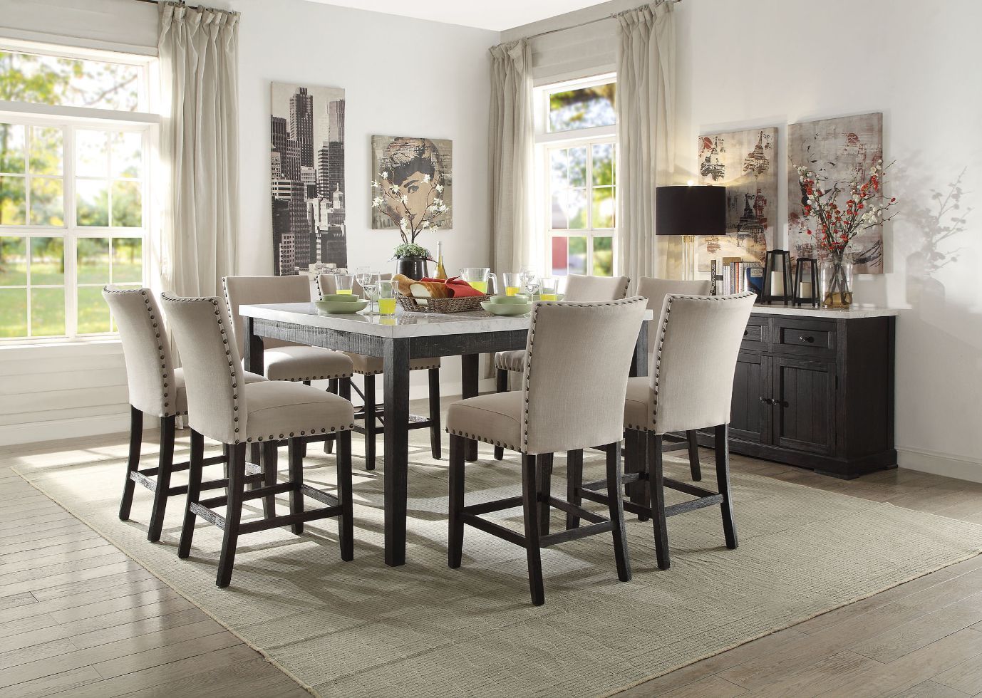Nolan - Counter Height Table - White Marble Top & Salvage Dark Oak, white