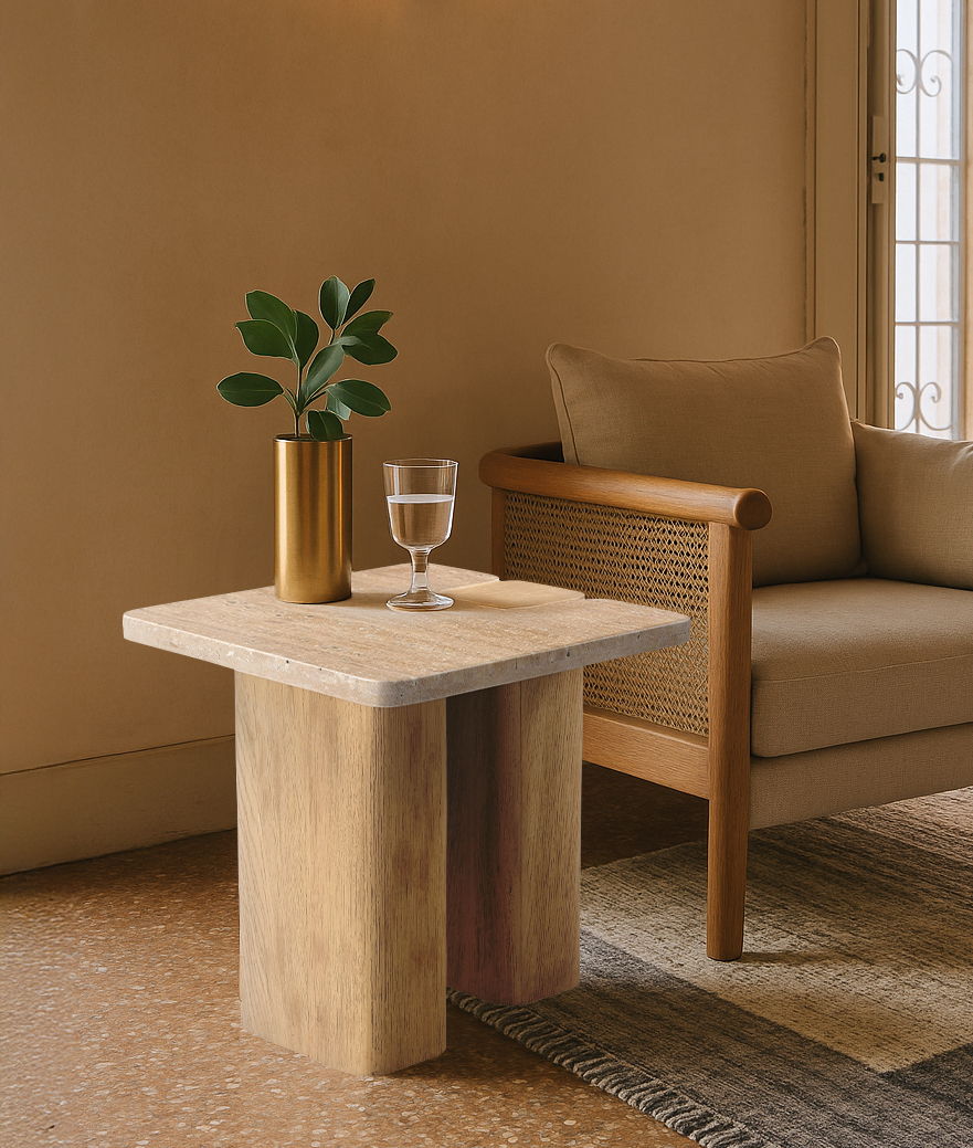 Ravenna - Genuine Travertine and Oak Wood End / Side Table - Natural