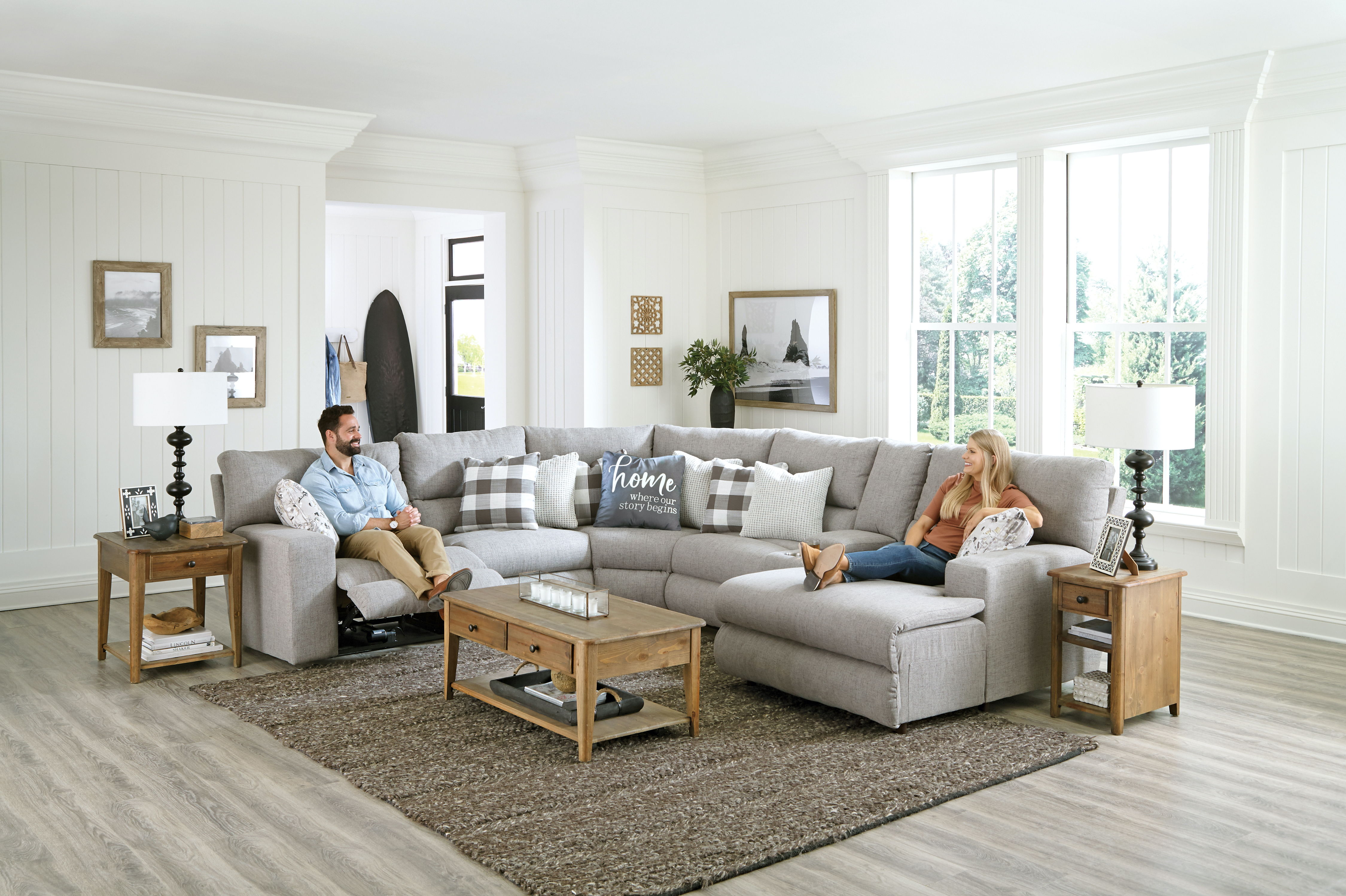 Rockport - 6 Piece Power Reclining Sectional With Lay-Back RSF Chaise And 2 Lay-Flat Reclining Seats - Gray