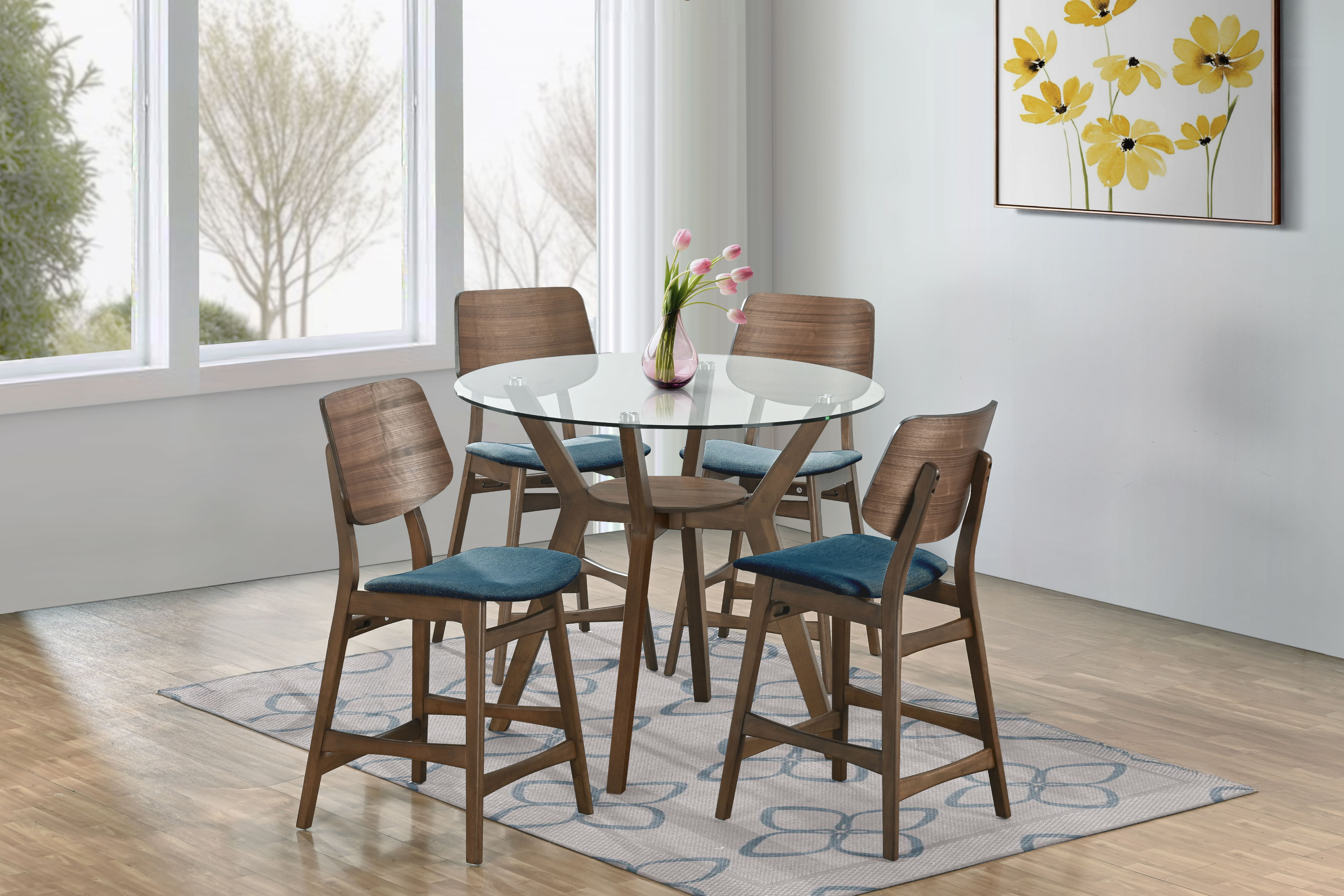Oscar - Round Glass Counter Table With 4 Cushion Chairs - Dark Brown