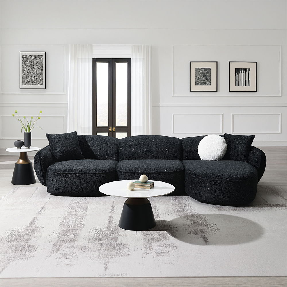 Lucifer - Sectional Sofa With 3 Pillows - Black Shimmer Chenille, black