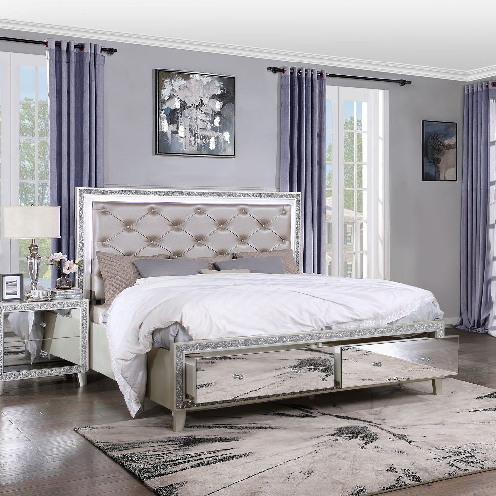 Sliverfluff - California King Bed With LED & Storages - Synthetic Leather & Champagne, beige