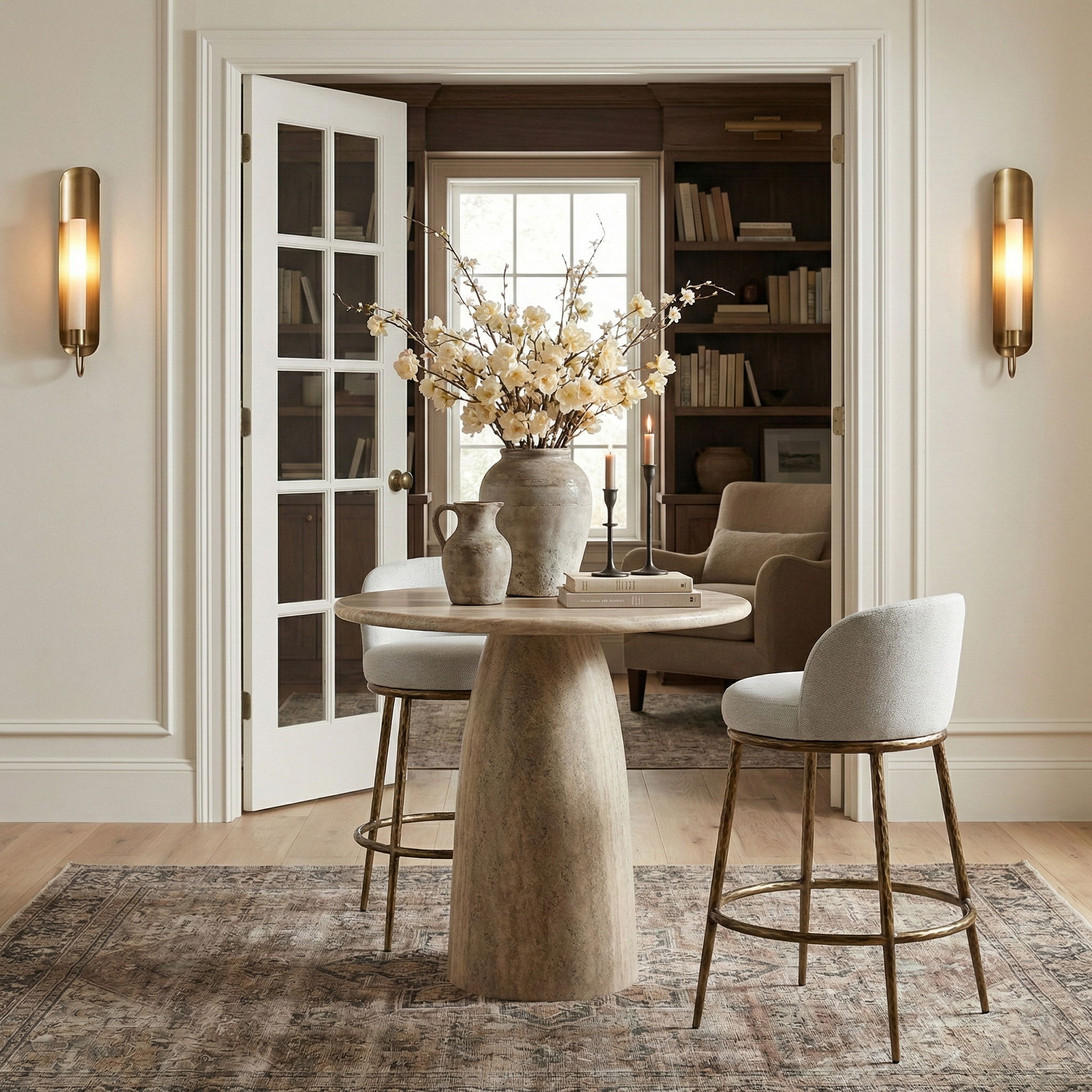 Ferro - Performance Fabric Upholstered Bar Stool - White / Antique Brass