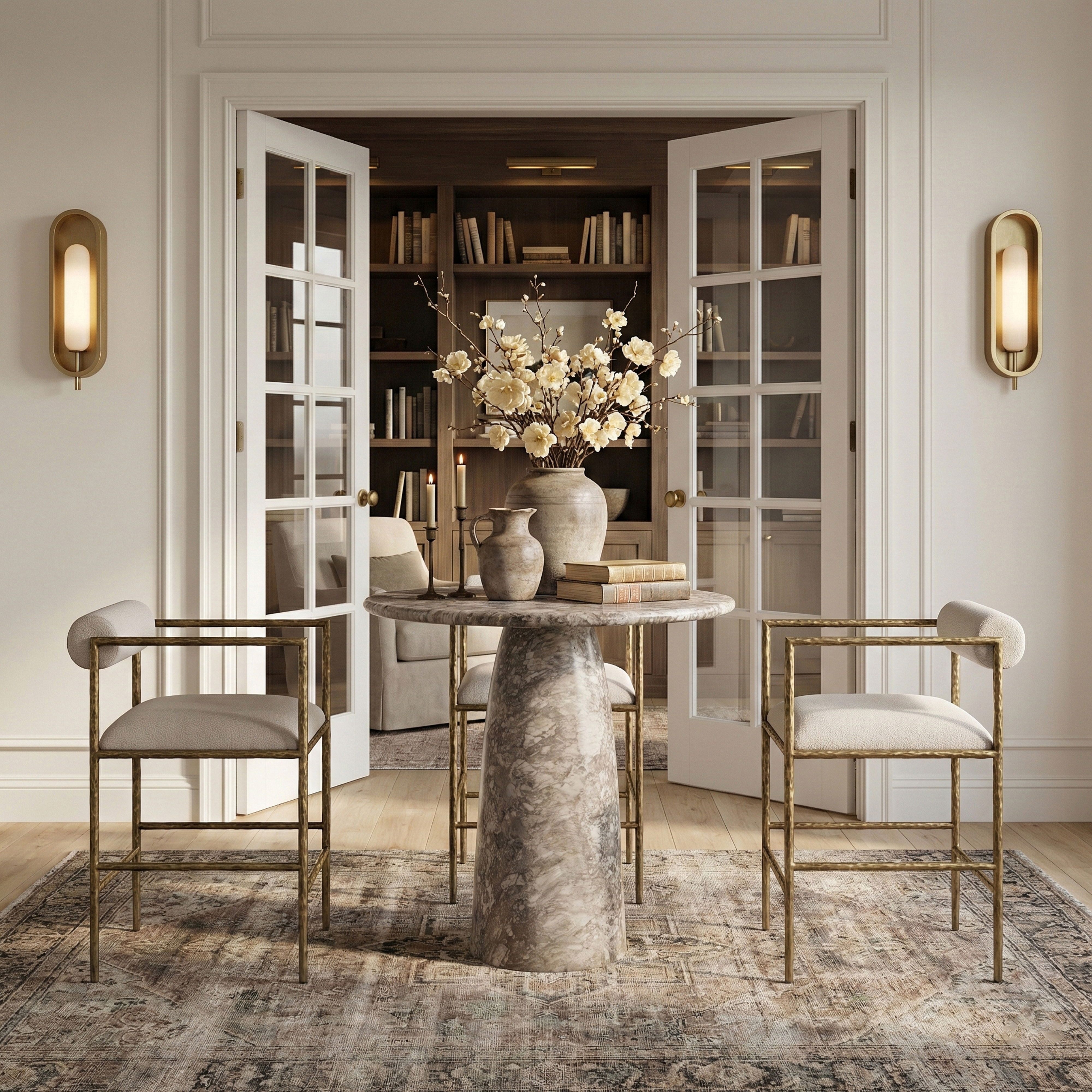 Axis - Linen Textured Fabric Upholstered Counter Stool (Set of 2) - Beige / Powder Coated Brushed Brass