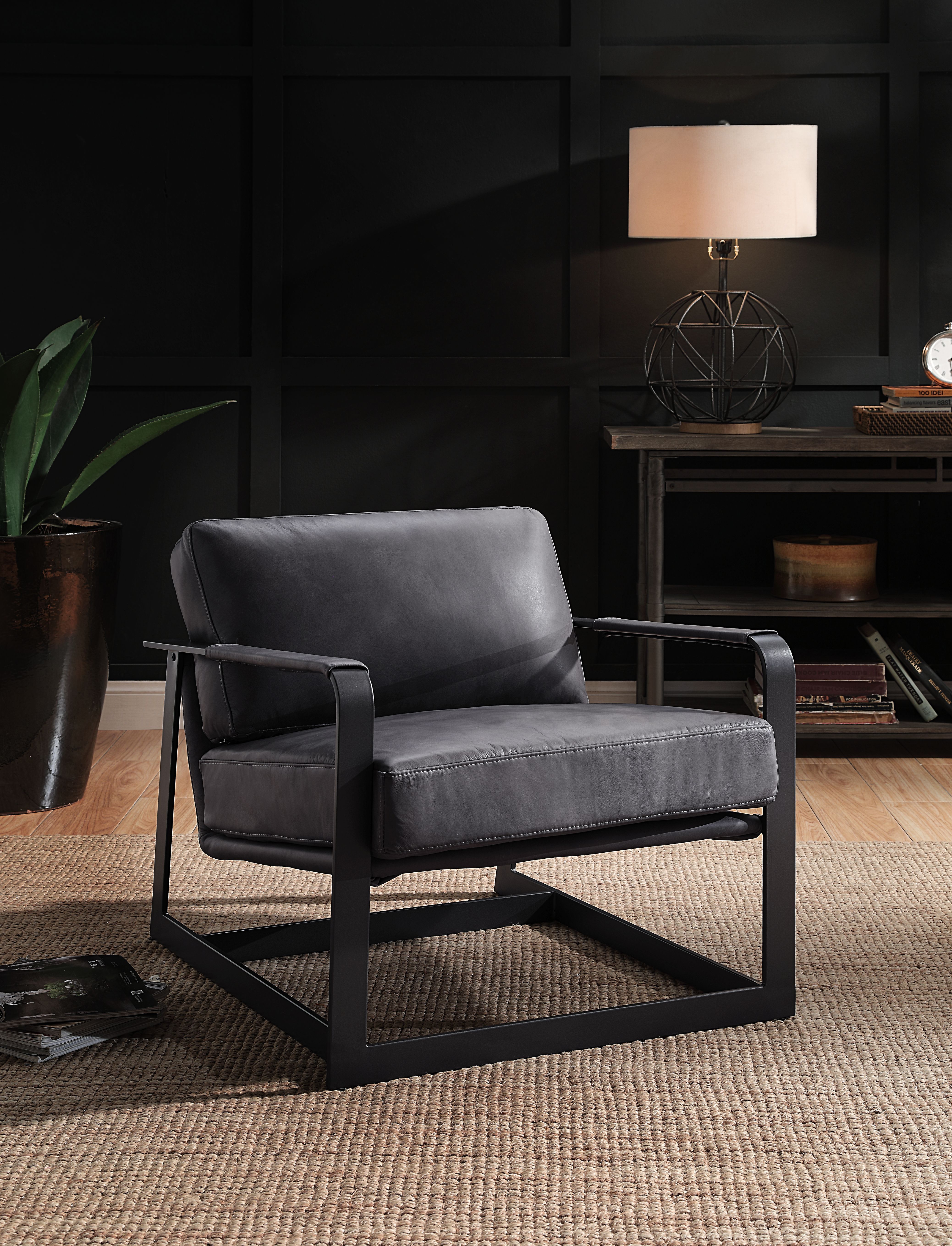 Locnos - Accent Chair - Gray Top Grain Leather & Black, dark gray, view 8