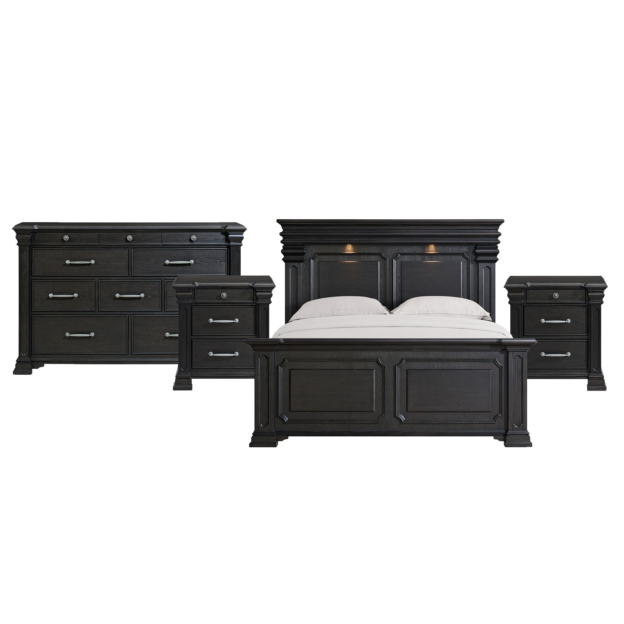 Kings Court - King 4 Piece Bedroom Set With 2 Nightstands & Dresser - Black