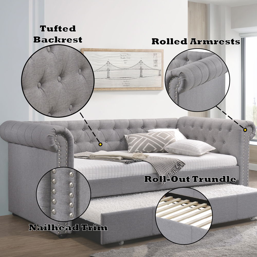 Justice - Twin Daybed With Trundle - Smoke Gray Fabric, gray, view 7