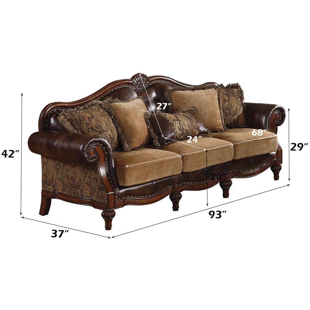 Dreena - Sofa With 5 Pillows - Two Tone Brown Synthetic Leather & Chenille Cherry, dark brown, view 5