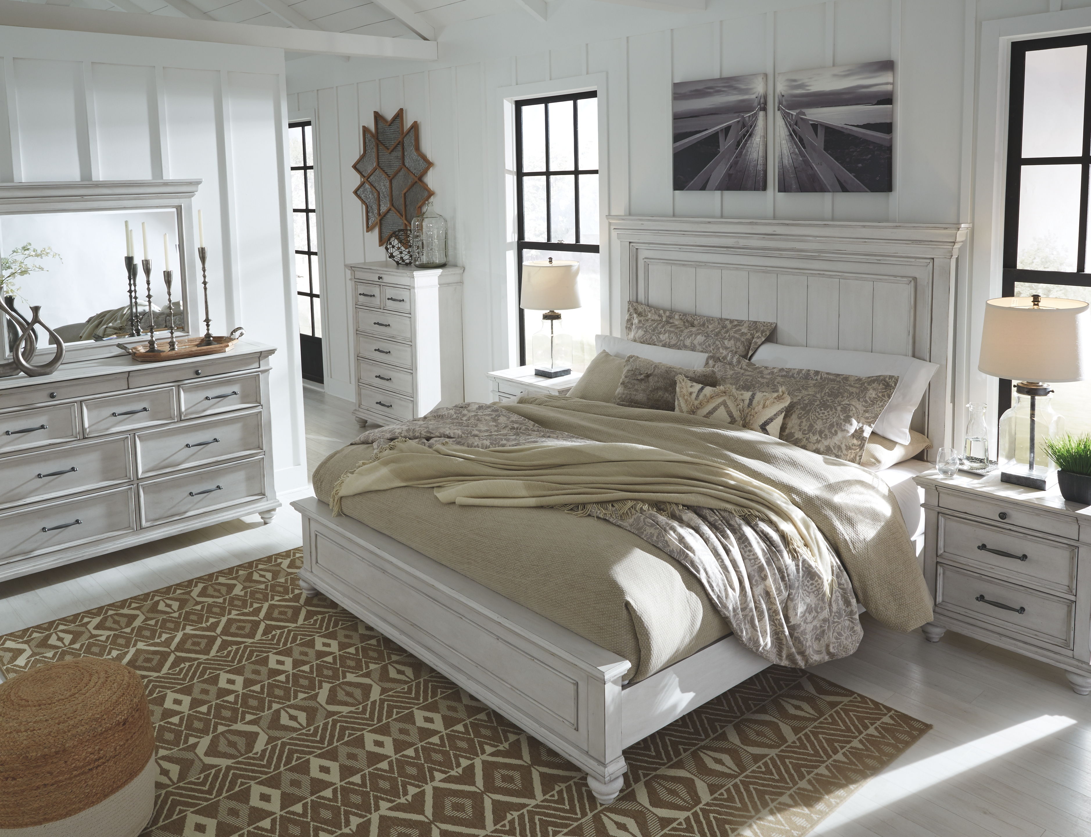 Kanwyn - 5 Pc. - Dresser, Mirror, King Panel Bed - Whitewash