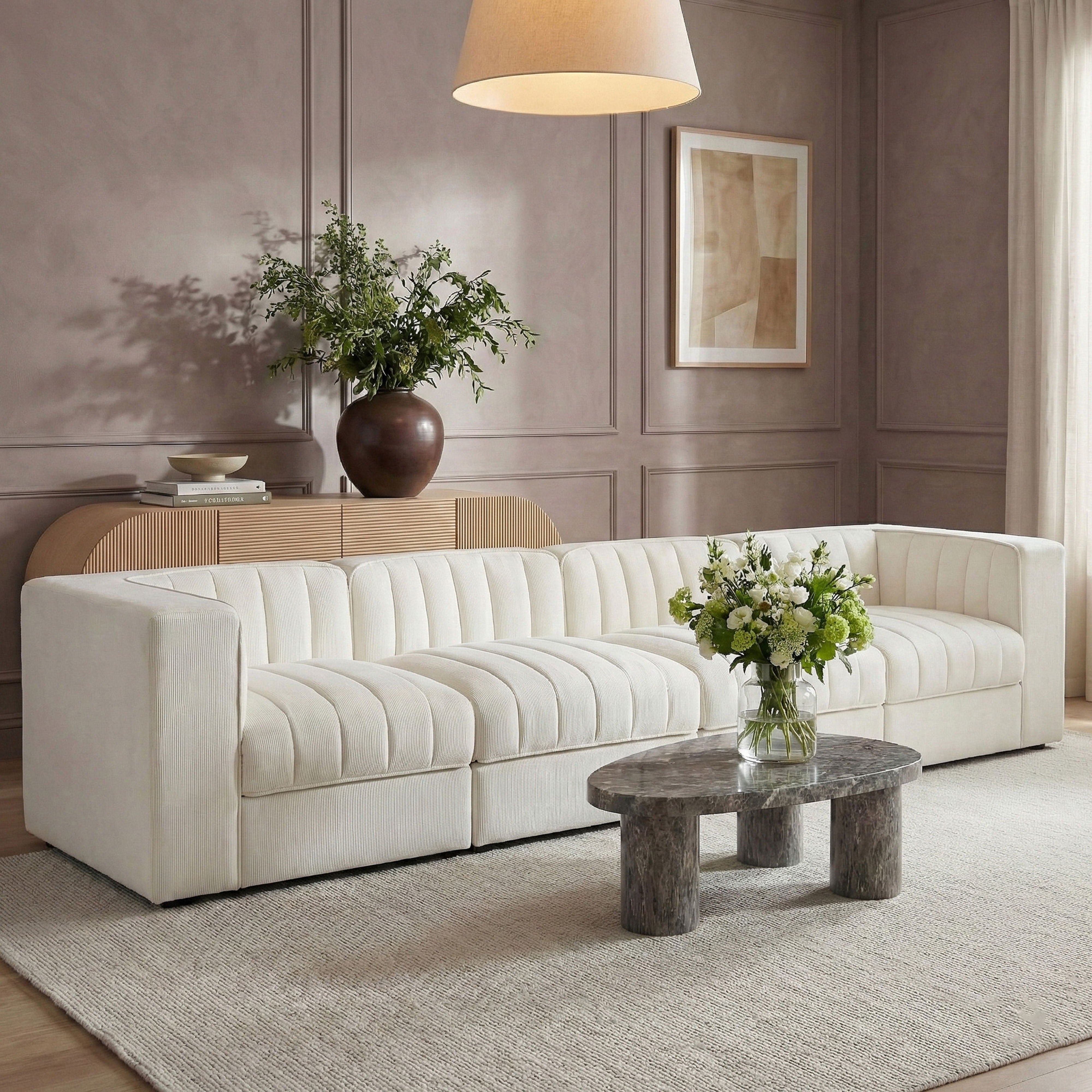 Rummi - Velvet Performance Fabric Upholstered 4 Piece Modular Sofa - Cream