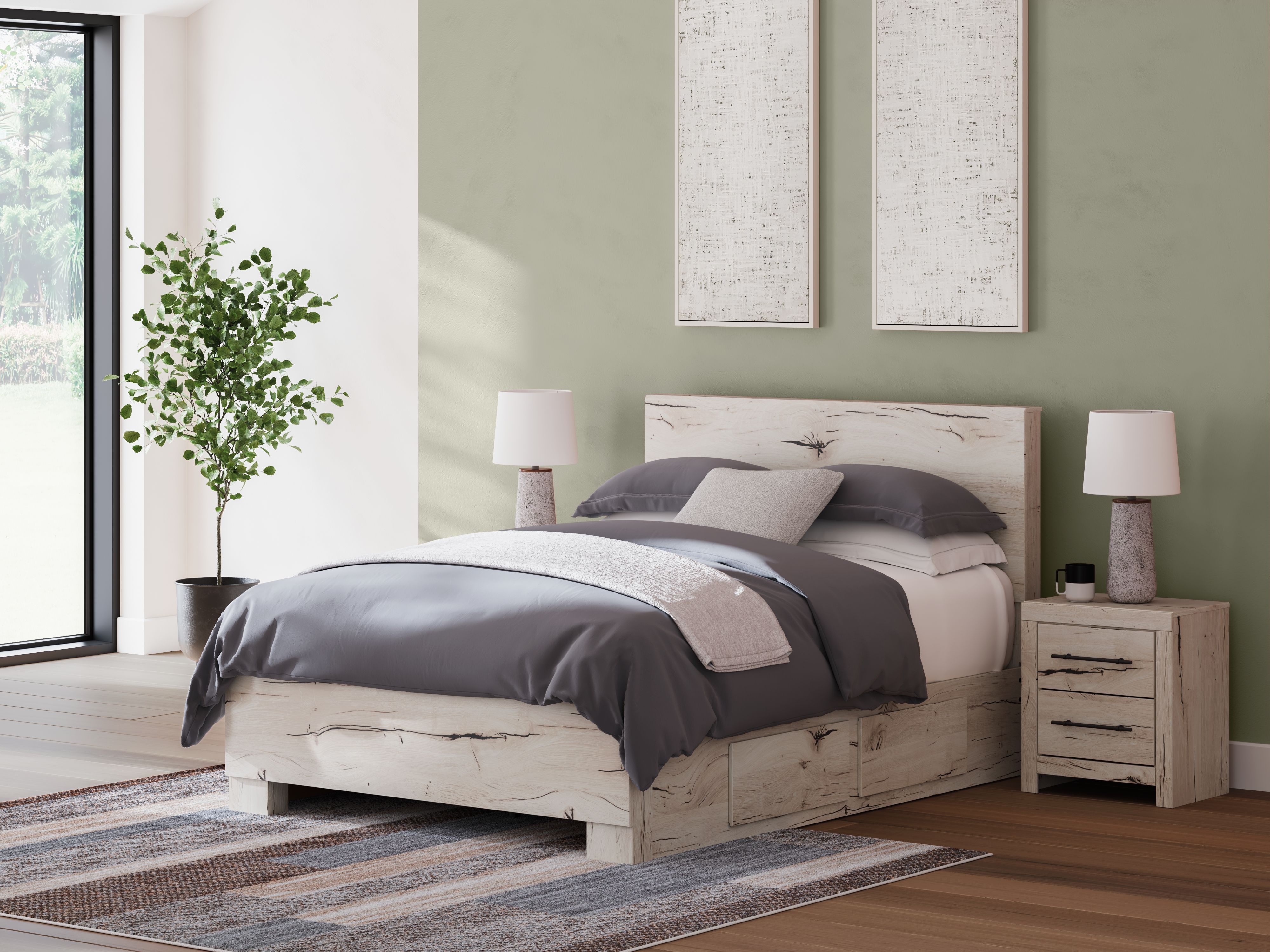 Ashley Lawroy - Light Natural - Queen Panel Bed With 2 Under Bed Storage Units