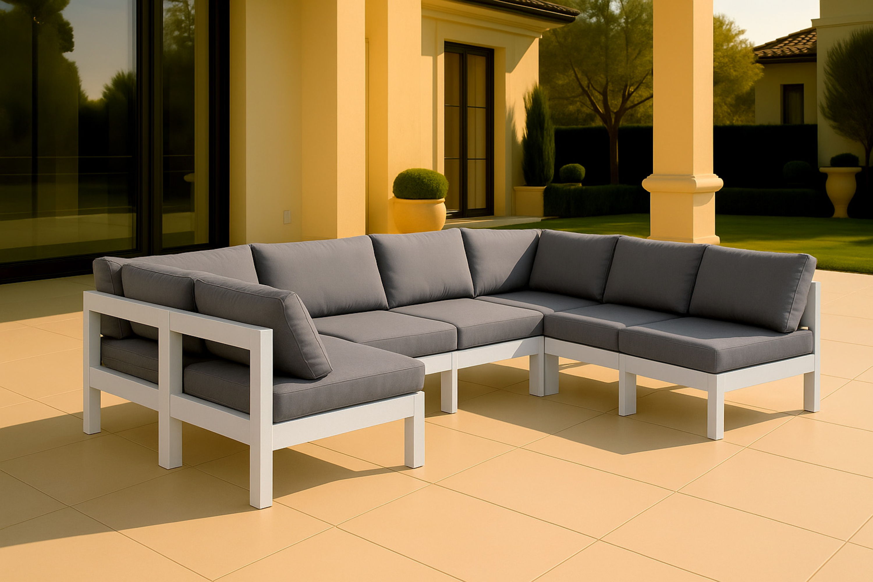 Nizuc - Outdoor Patio 6 Piece Modular U-Shaped Sectional With White Frame - Gray