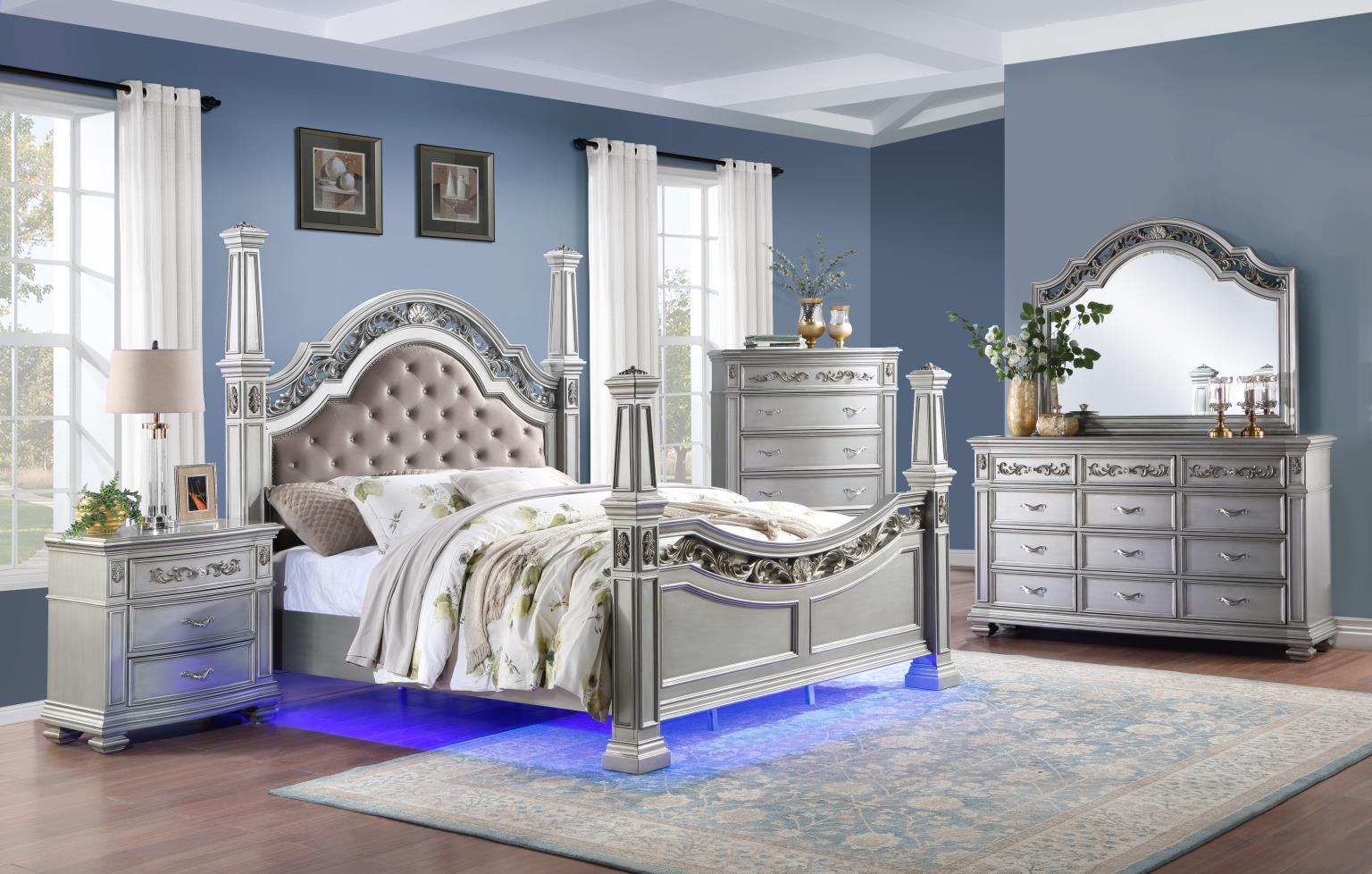 B062 - 3 Piece Bedroom Set (Queen Bed, Dresser, Mirror) - Pearl Silver
